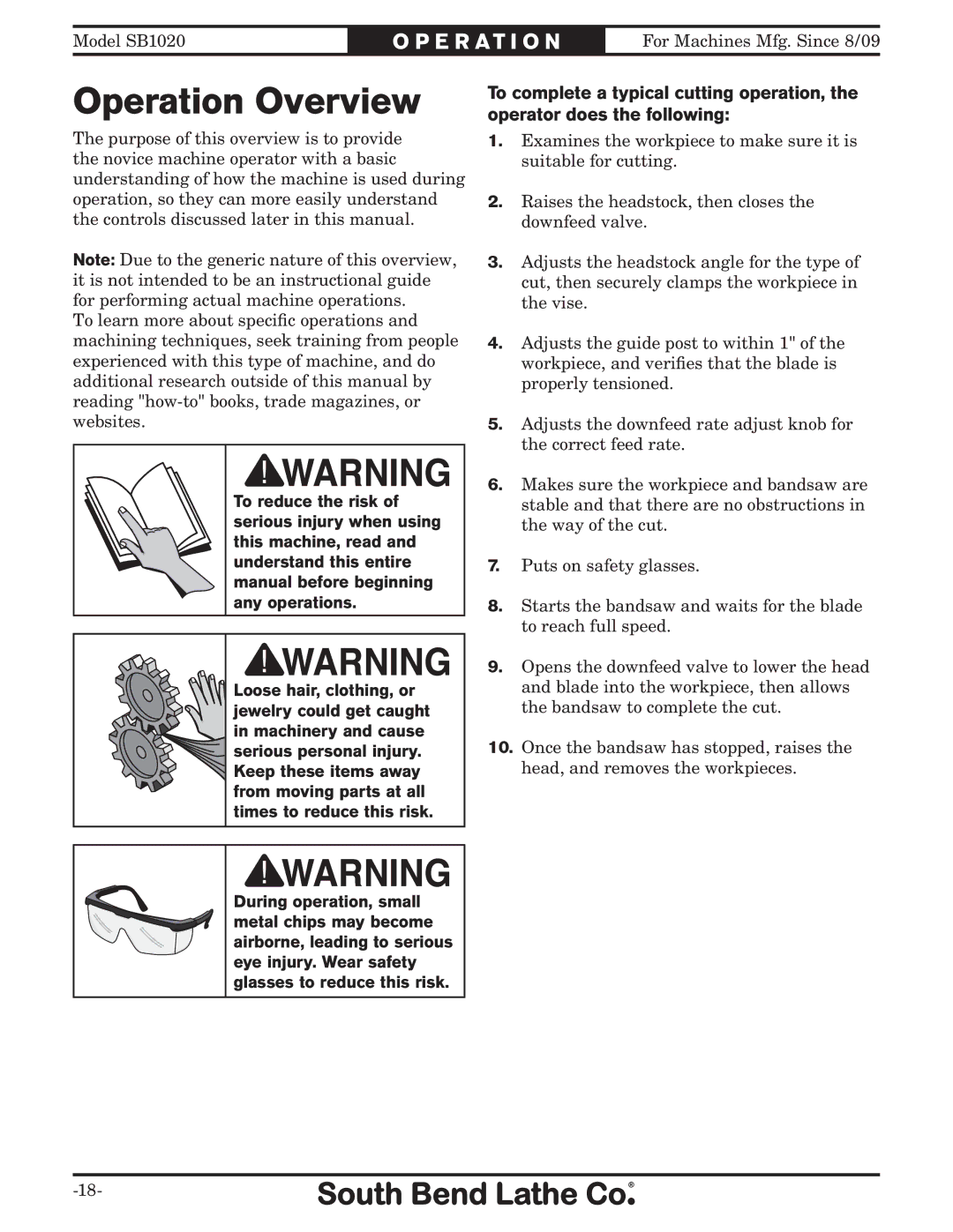 Southbend SB1020 owner manual OperationPERATIONOverview 