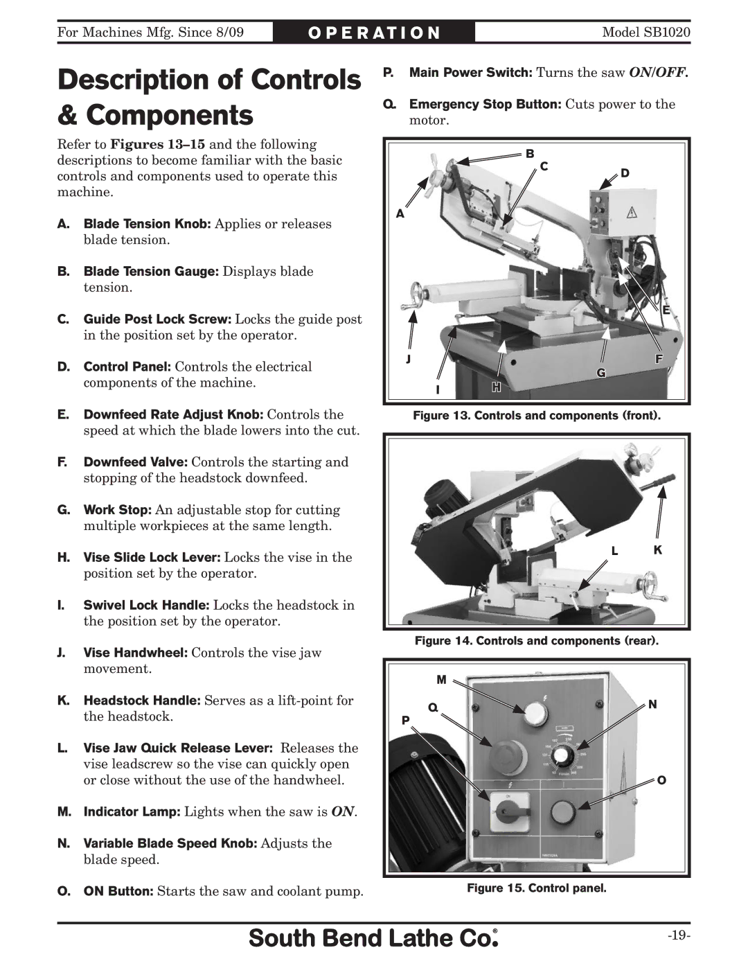 Southbend SB1020 owner manual Description of Controls & Components 