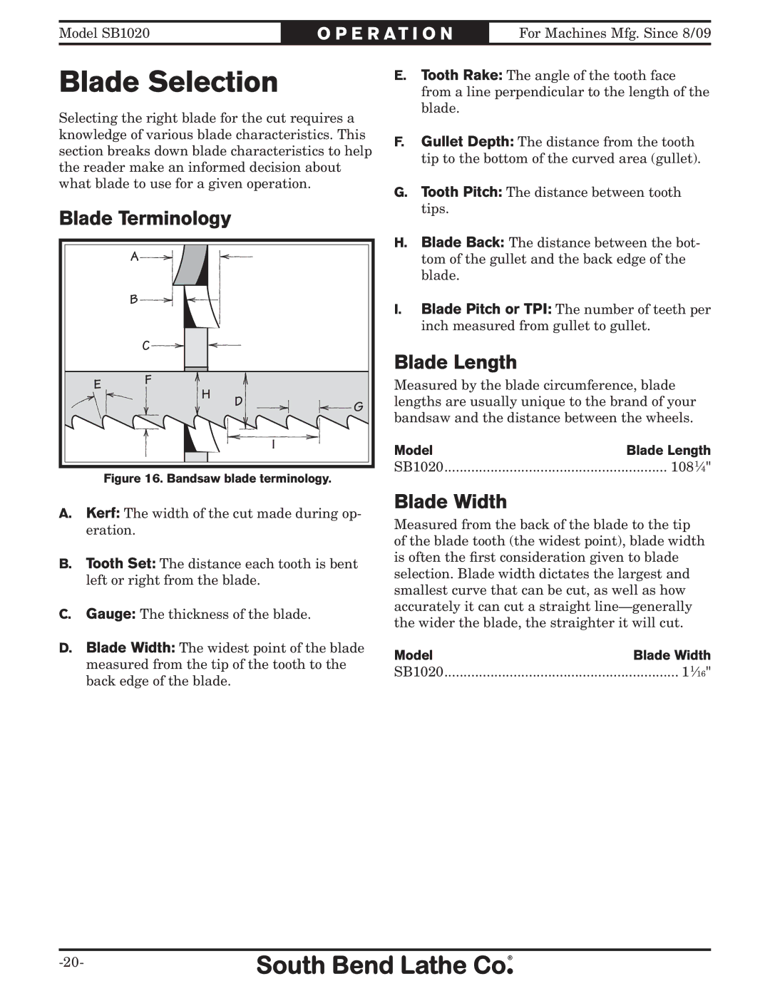 Southbend SB1020 owner manual Blade Selection, Blade Terminology, Blade Length, Blade Width 