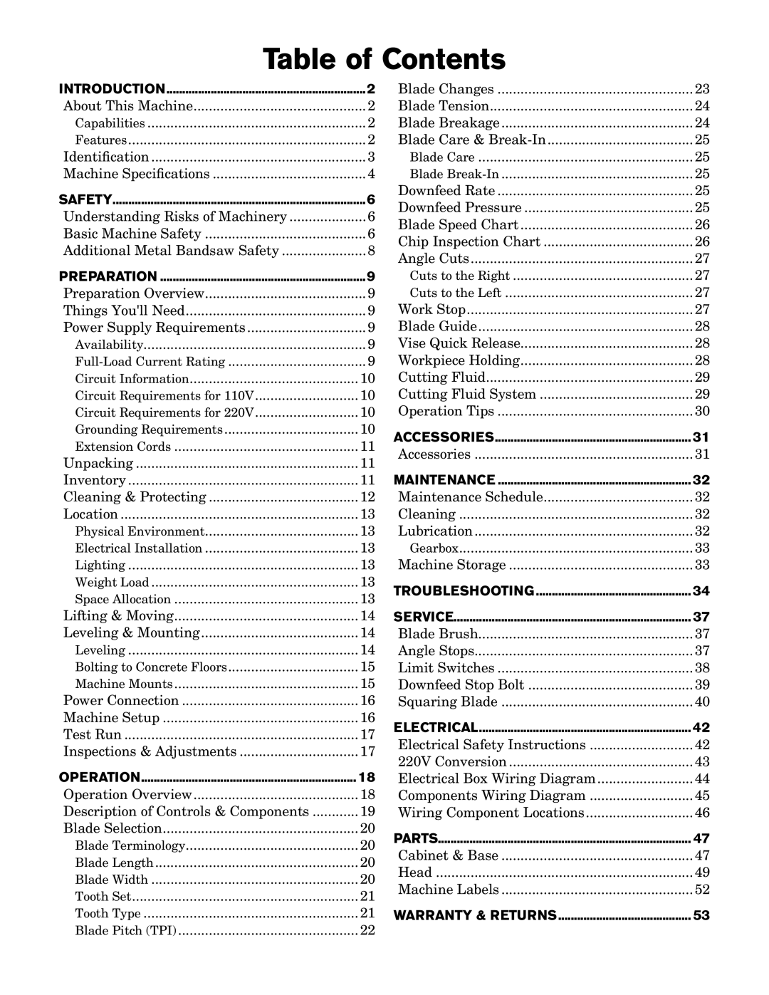 Southbend SB1020 owner manual Table of Contents 