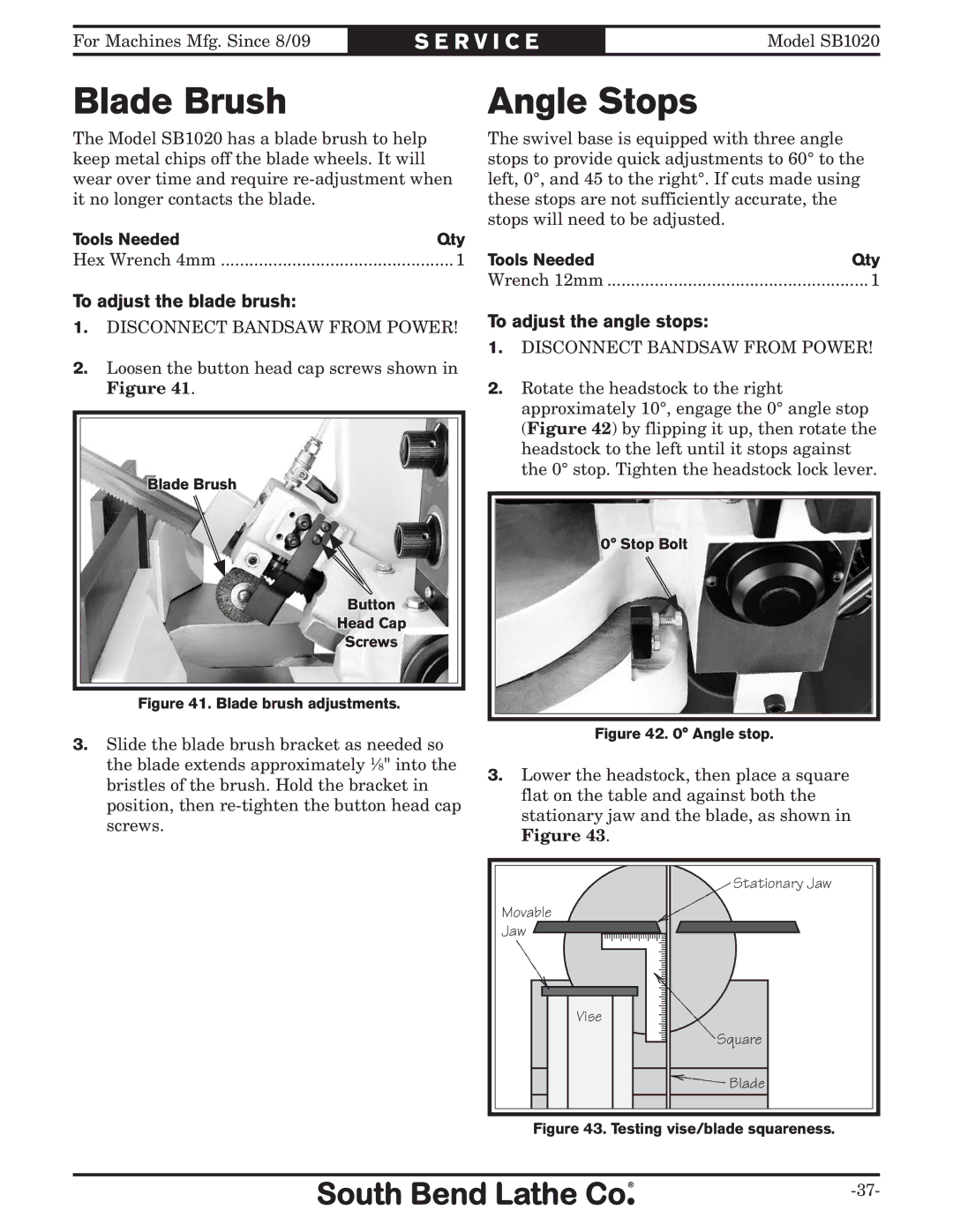 Southbend SB1020 owner manual Blade Brush, Angle Stops, To adjust the blade brush, To adjust the angle stops 