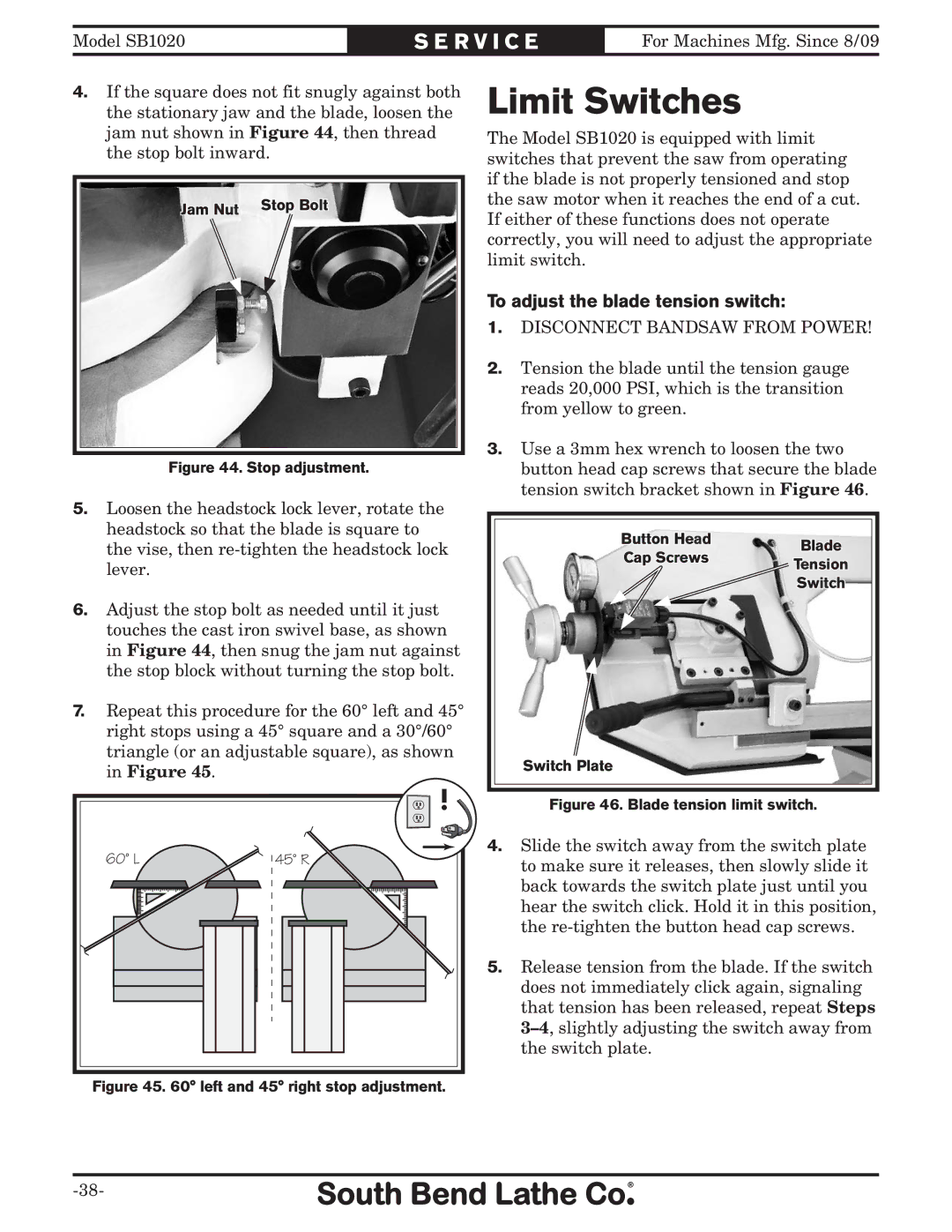 Southbend SB1020 owner manual Limit Switches, To adjust the blade tension switch 