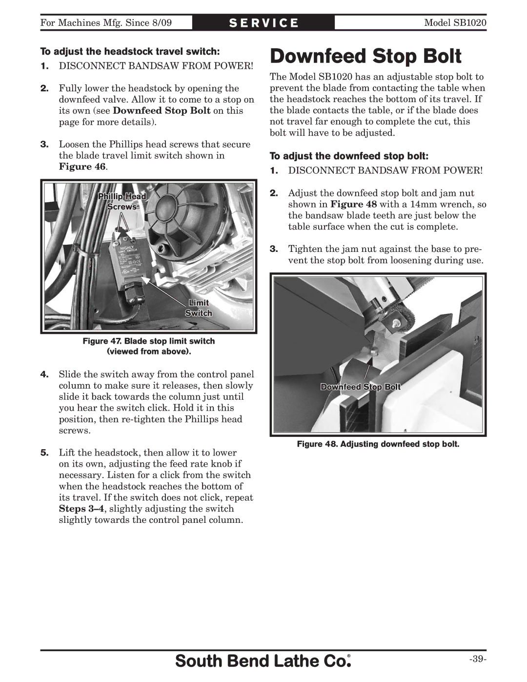 Southbend SB1020 owner manual Downfeed Stop Bolt, To adjust the headstock travel switch, To adjust the downfeed stop bolt 