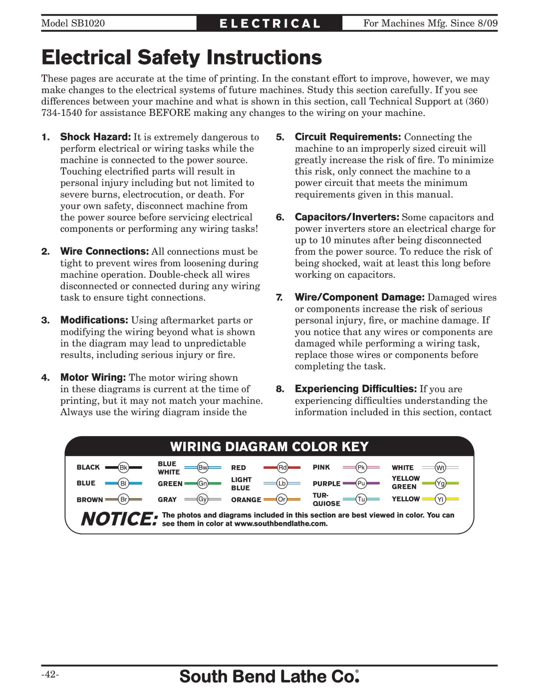 Southbend SB1020 owner manual ElectricalL CTRICALSafety Instructions, Wiring Diagram Color KEY 