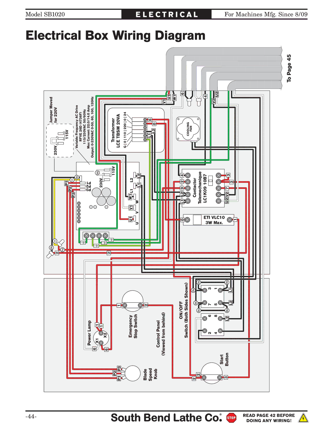 Southbend SB1020 owner manual Electrical 