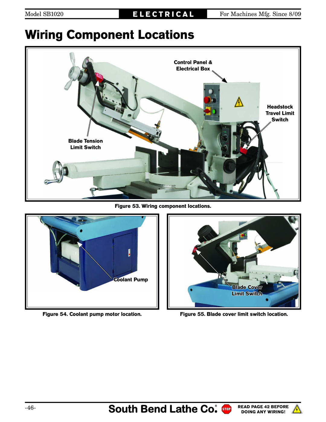 Southbend SB1020 owner manual Wiring Component Locations, Coolant pump motor location 