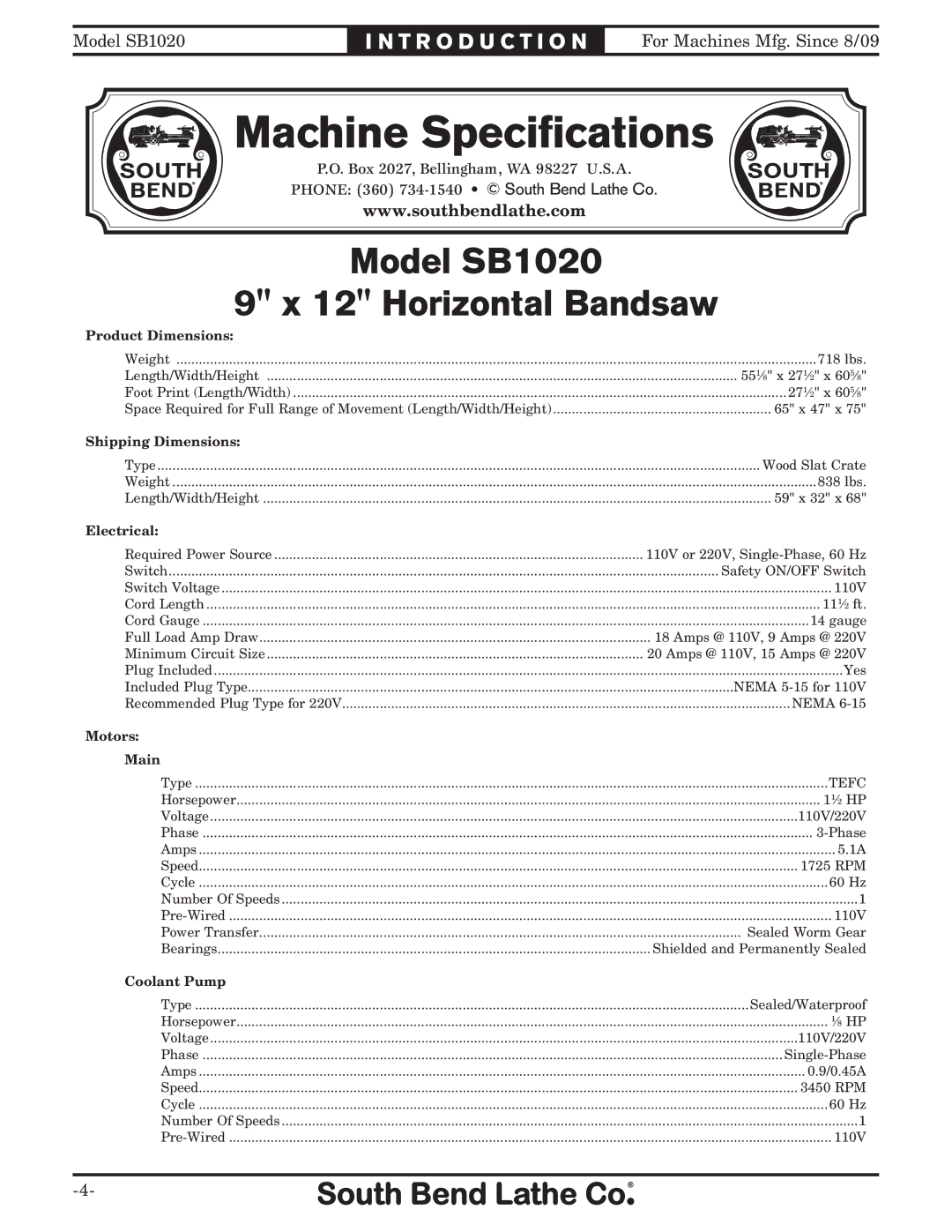 Southbend SB1020 owner manual Machine Specifications 