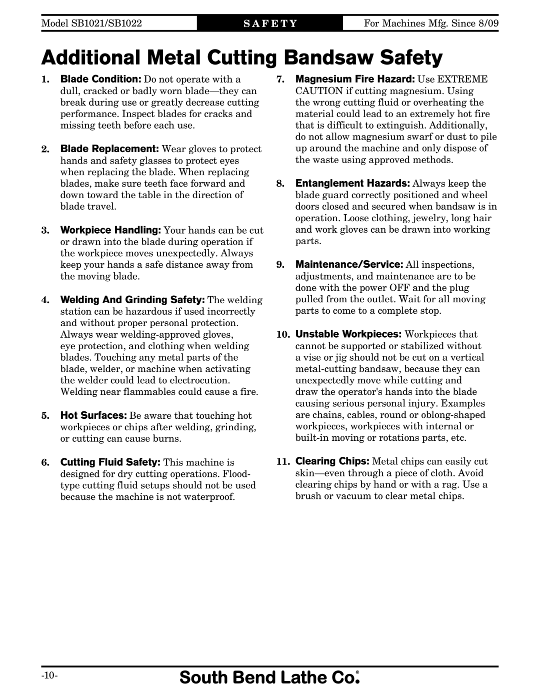 Southbend SB1021, SB1022 manual Additional Metal Cutting Bandsaw Safety 