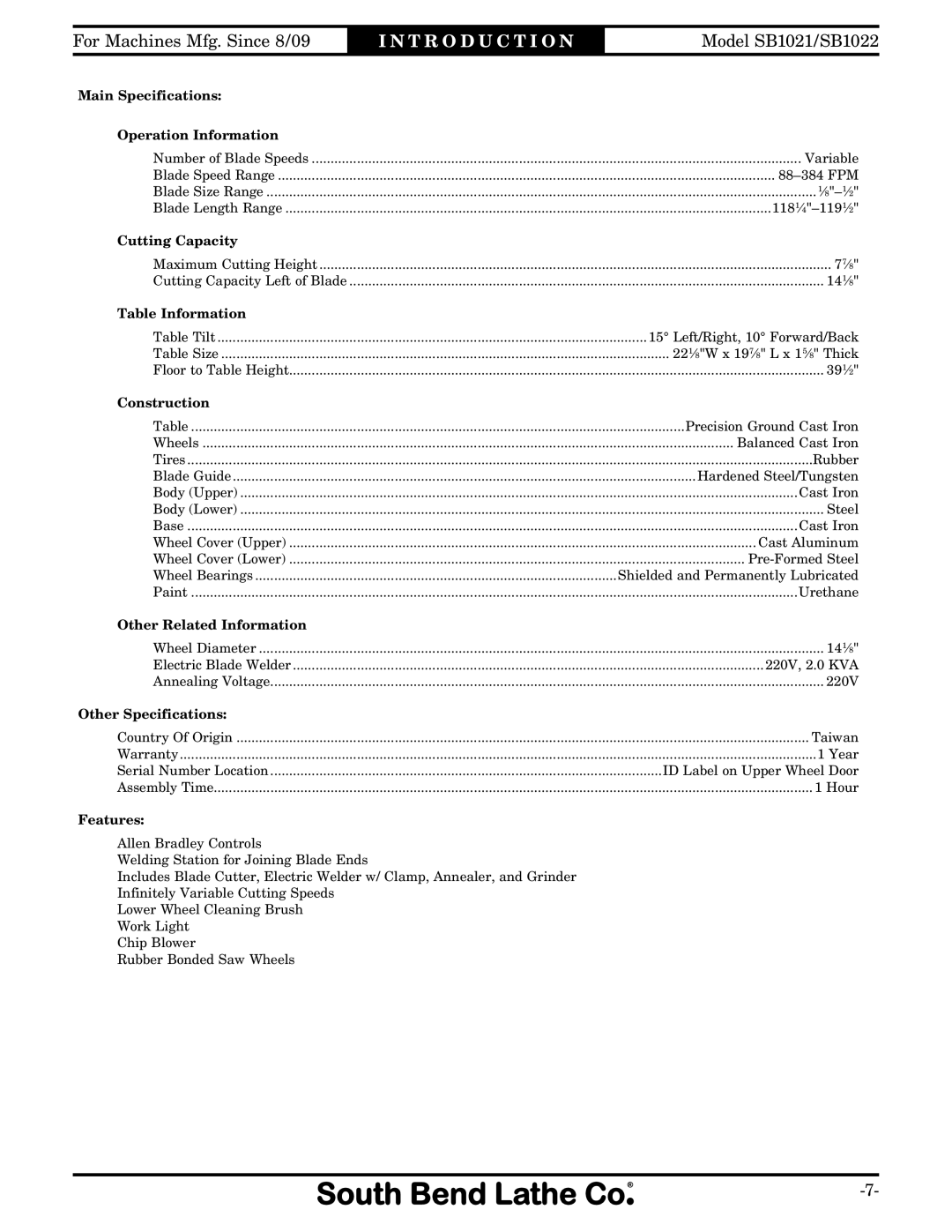 Southbend SB1022, SB1021 manual Wheel Bearings Shielded and Permanently Lubricated 