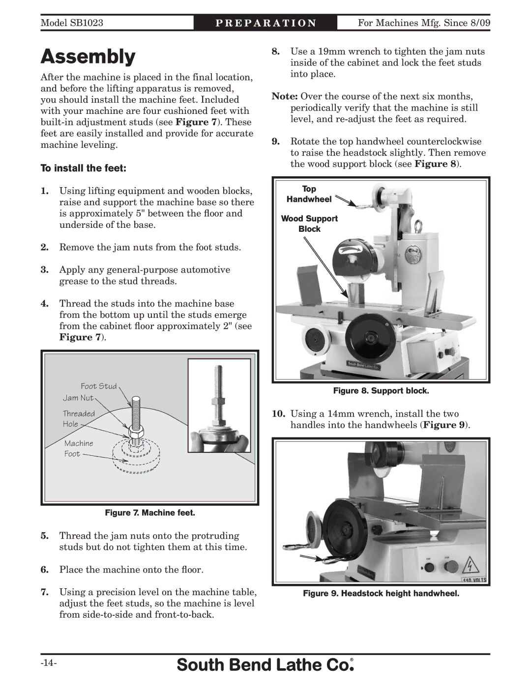 Southbend SB1023 manual Assembly, To install the feet 