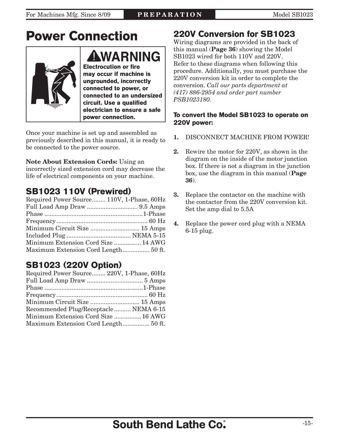 Southbend manual Power Connection, SB1023 110V Prewired, SB1023 220V Option, 220V Conversion for SB1023 