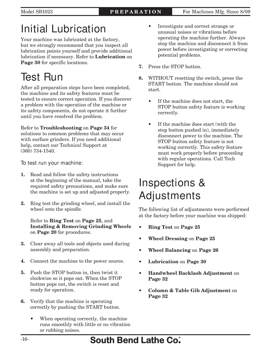Southbend SB1023 manual Test Run, Inspections Adjustments, Initial Lubrication, To test run your machine 