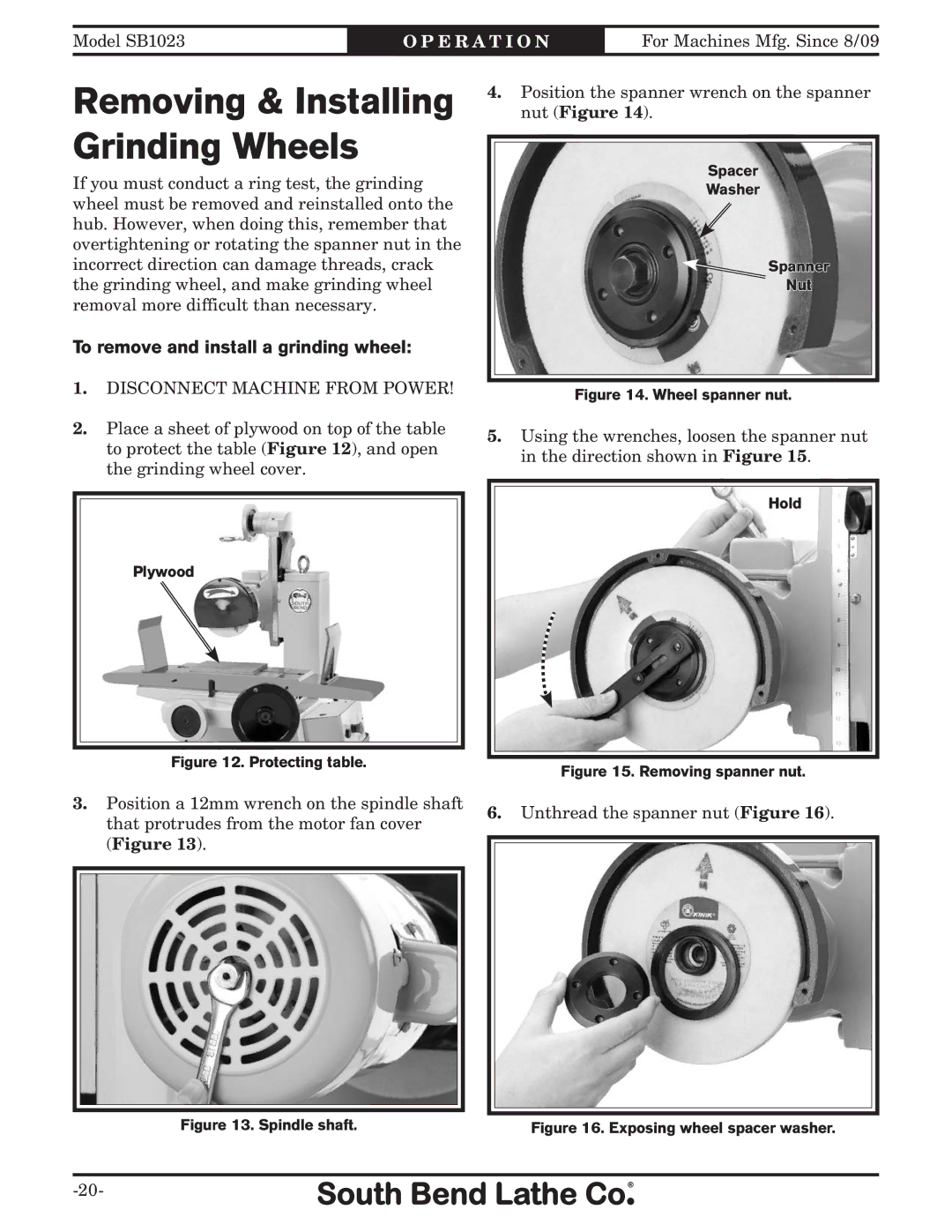 Southbend SB1023 manual Removing & Installing Grinding Wheels, To remove and install a grinding wheel 