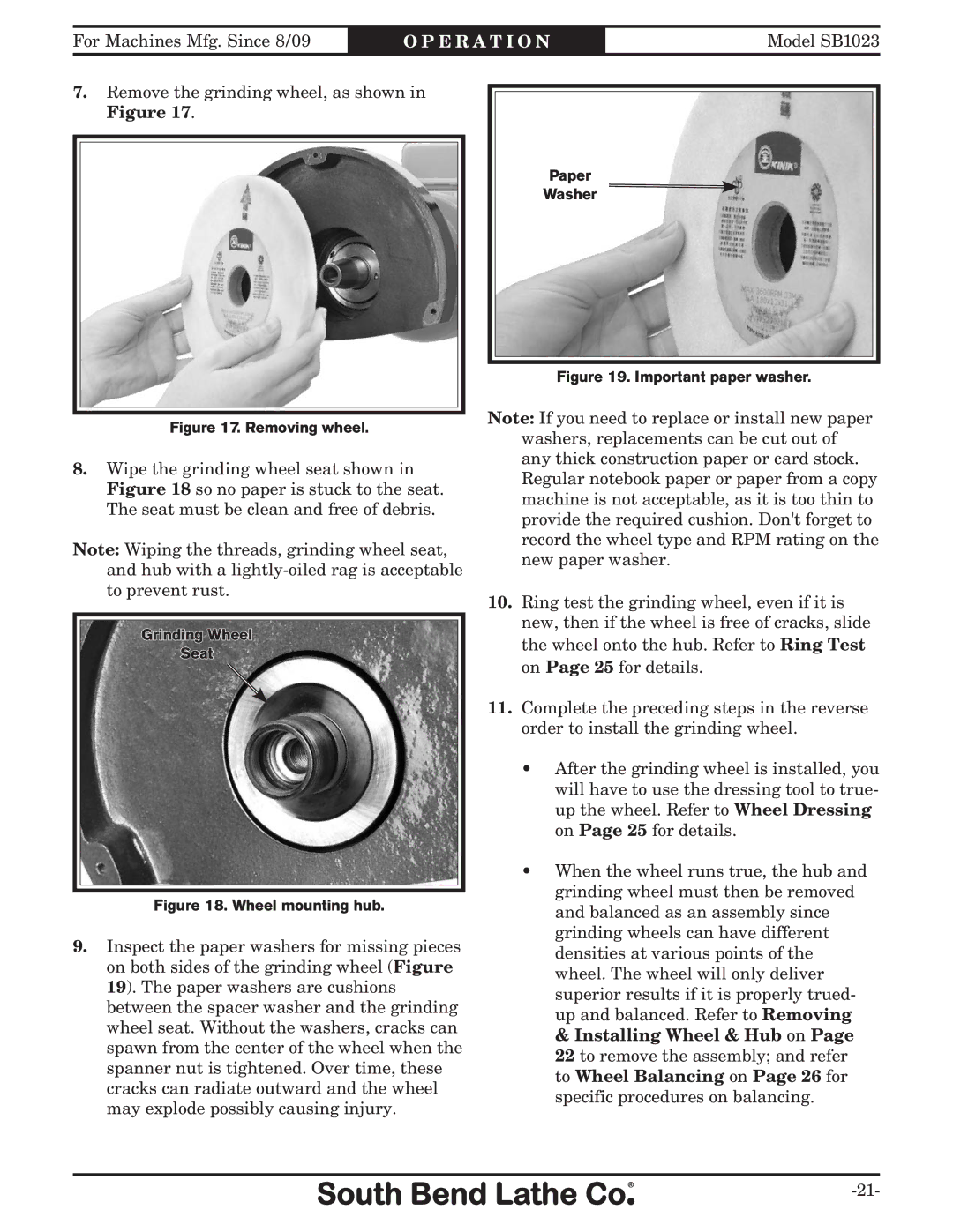 Southbend SB1023 manual Remove the grinding wheel, as shown in Figure 