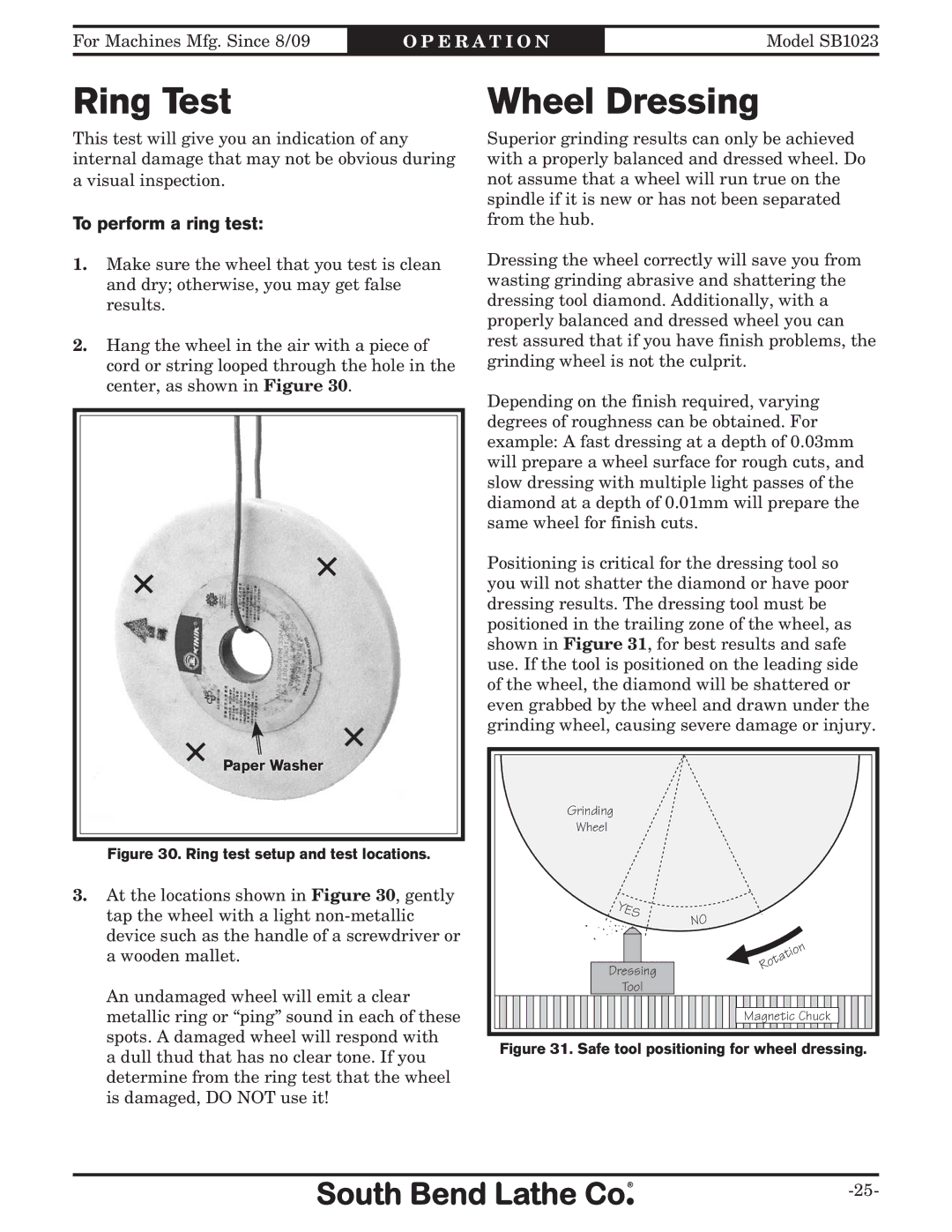 Southbend SB1023 manual Ring Test, Wheel Dressing, To perform a ring test 