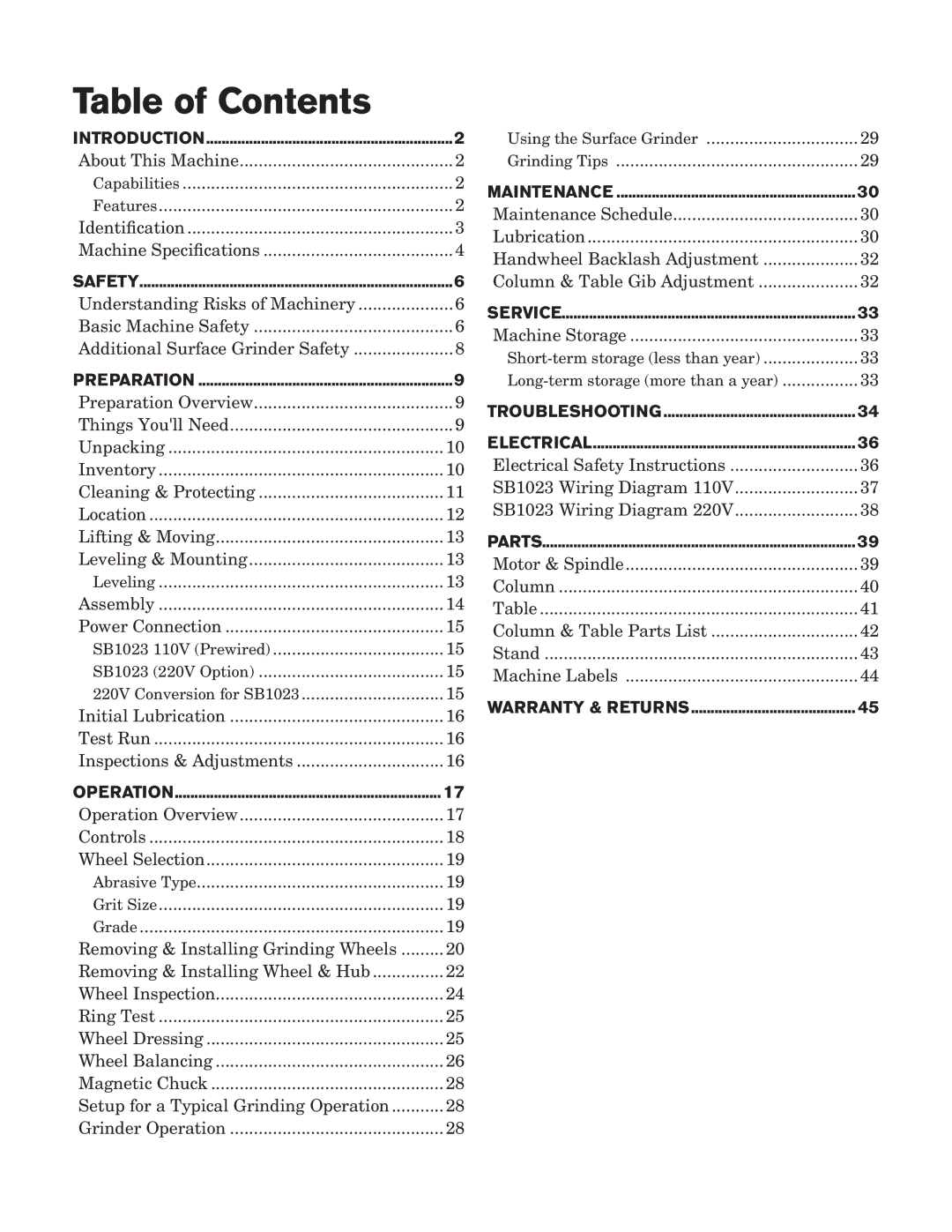 Southbend SB1023 manual Table of Contents 