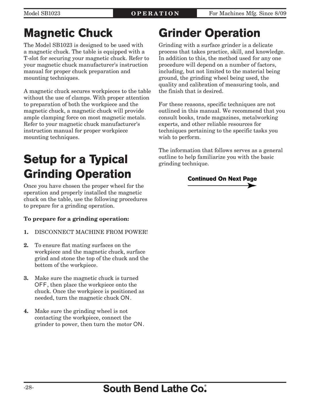 Southbend SB1023 manual Magnetic Chuck, Grinder Operation, Setup for a Typical Grinding Operation 