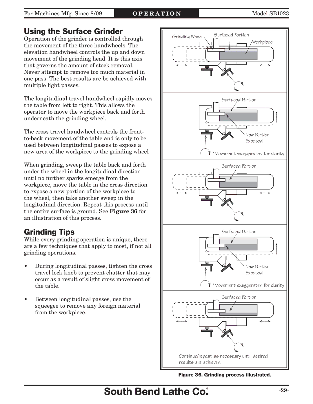 Southbend SB1023 manual Using the Surface Grinder, Grinding Tips 