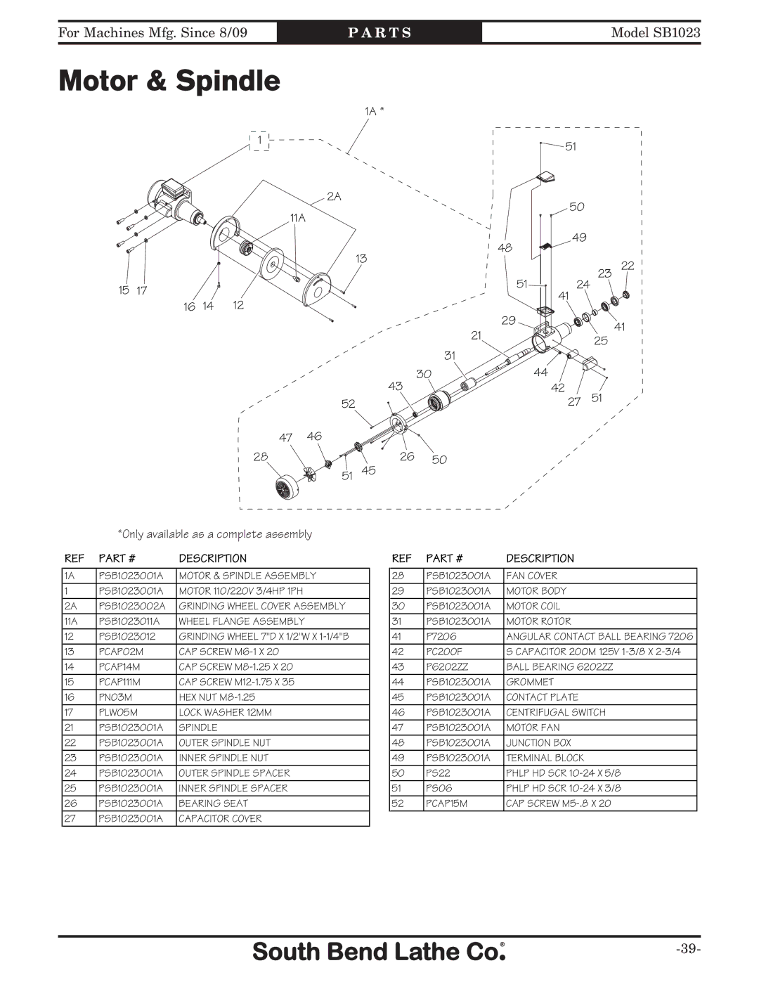 Southbend SB1023 manual Motor & Spindle, Description 