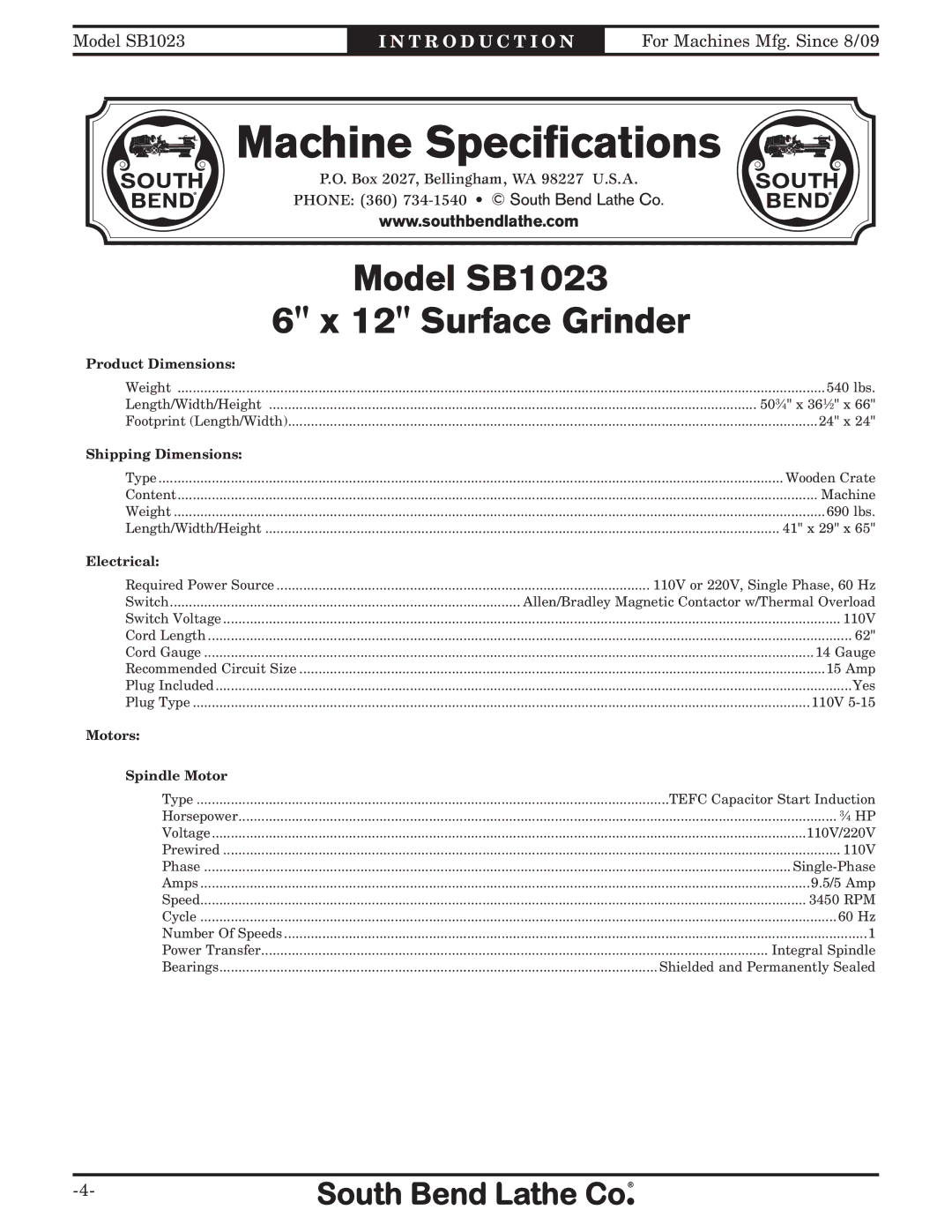 Southbend manual Machine Specifications, Model SB1023, Surface Grinder 