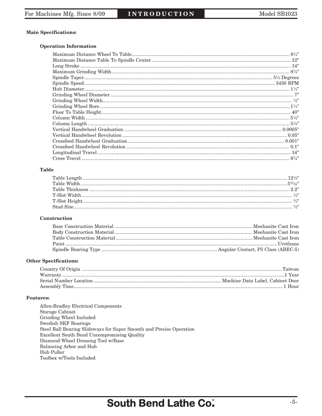 Southbend SB1023 manual Main Specifications Operation Information 