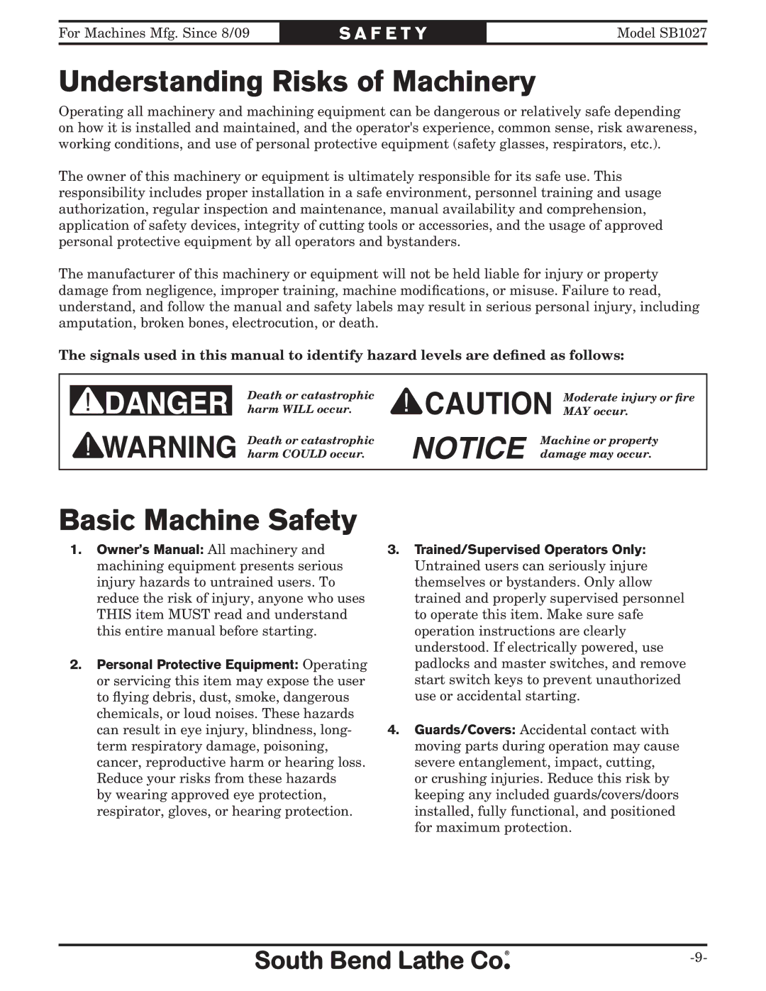 Southbend SB1027 owner manual Understanding Risks of Machinery, Basic Machine Safety 