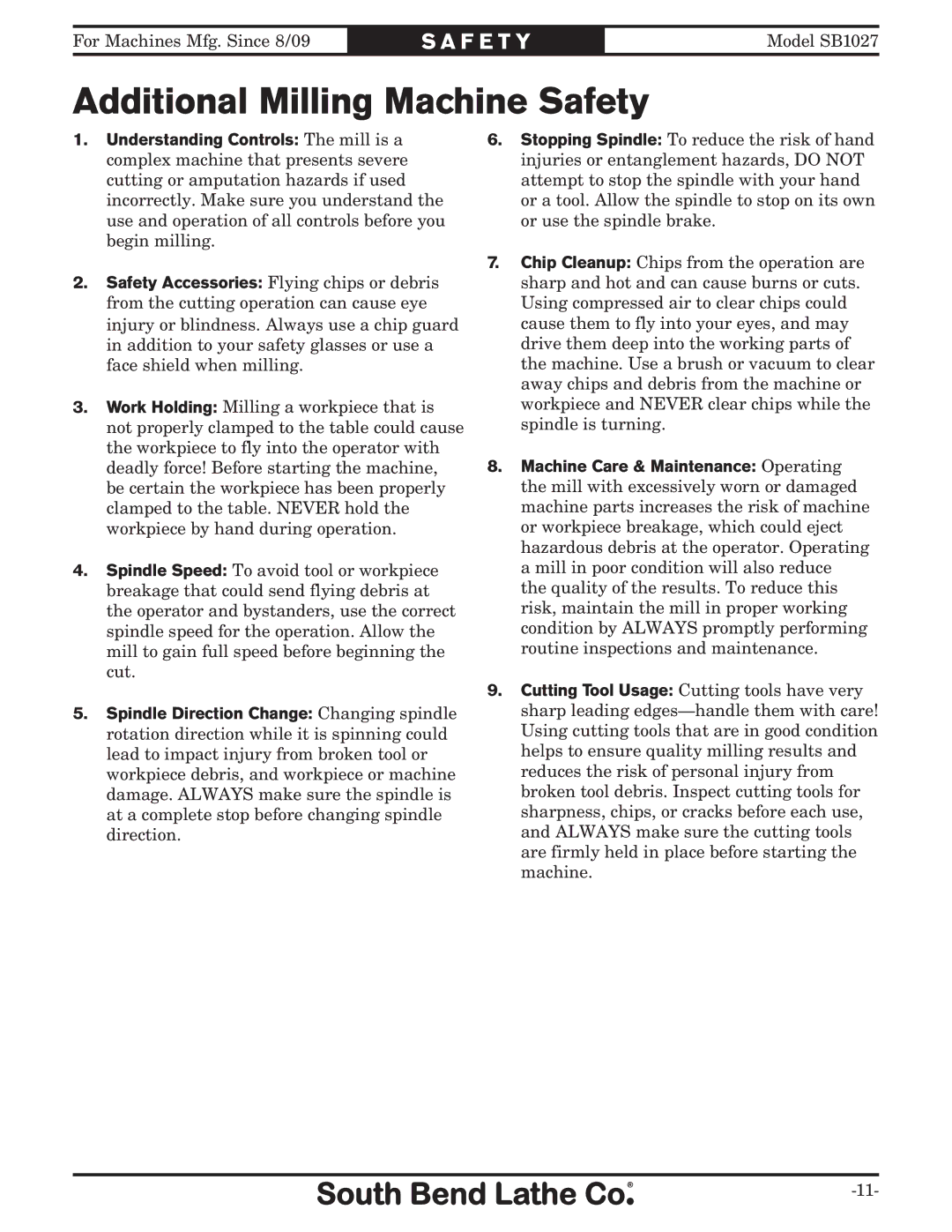 Southbend SB1027 owner manual Additional Milling Machine Safety 