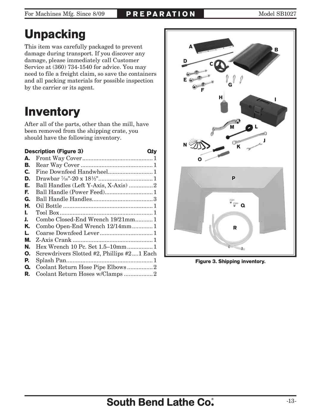 Southbend SB1027 owner manual Unpacking, Inventory 