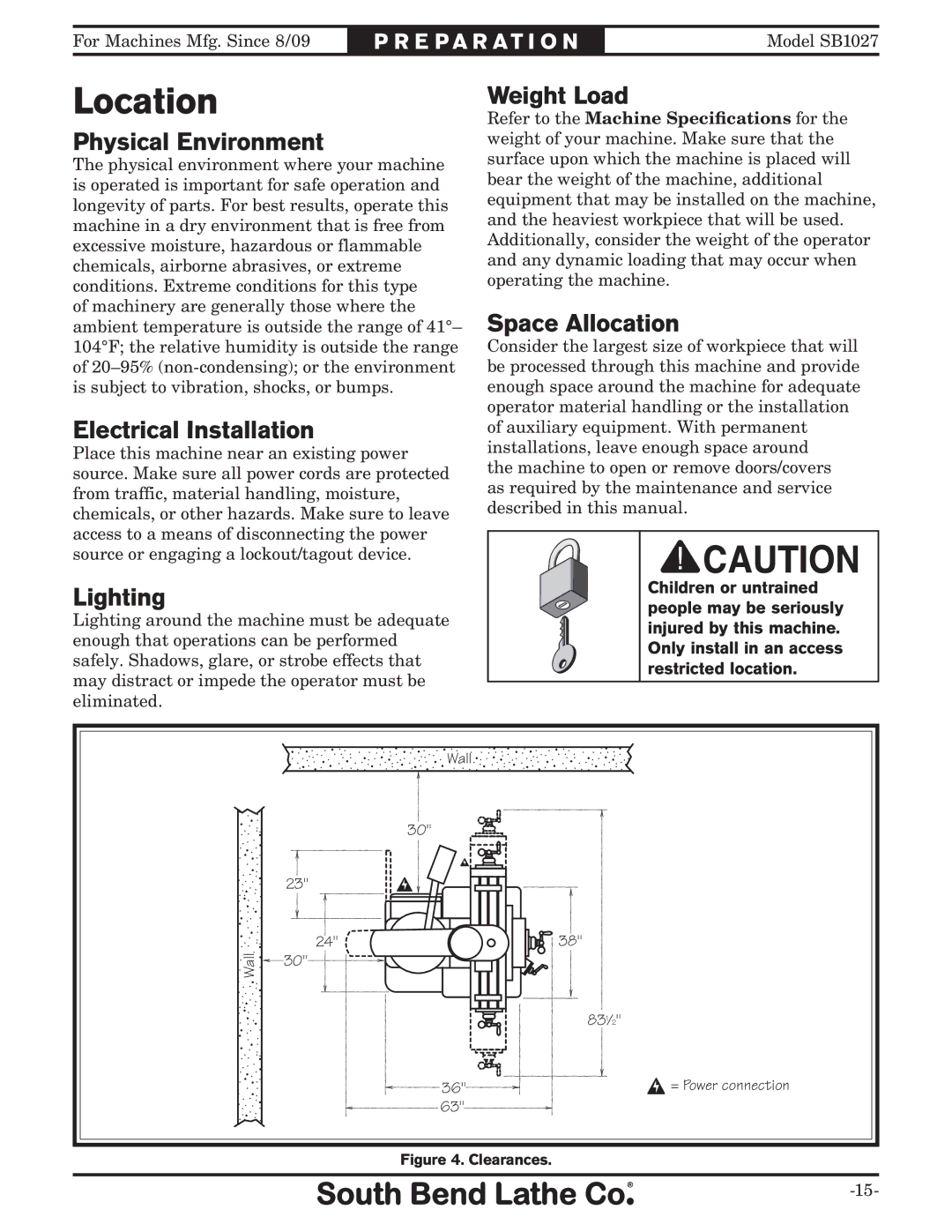 Southbend SB1027 owner manual Location 