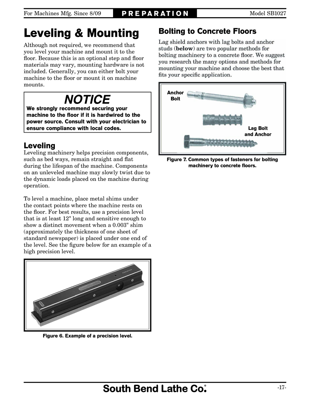 Southbend SB1027 owner manual Leveling & Mounting Bolting to Concrete Floors 