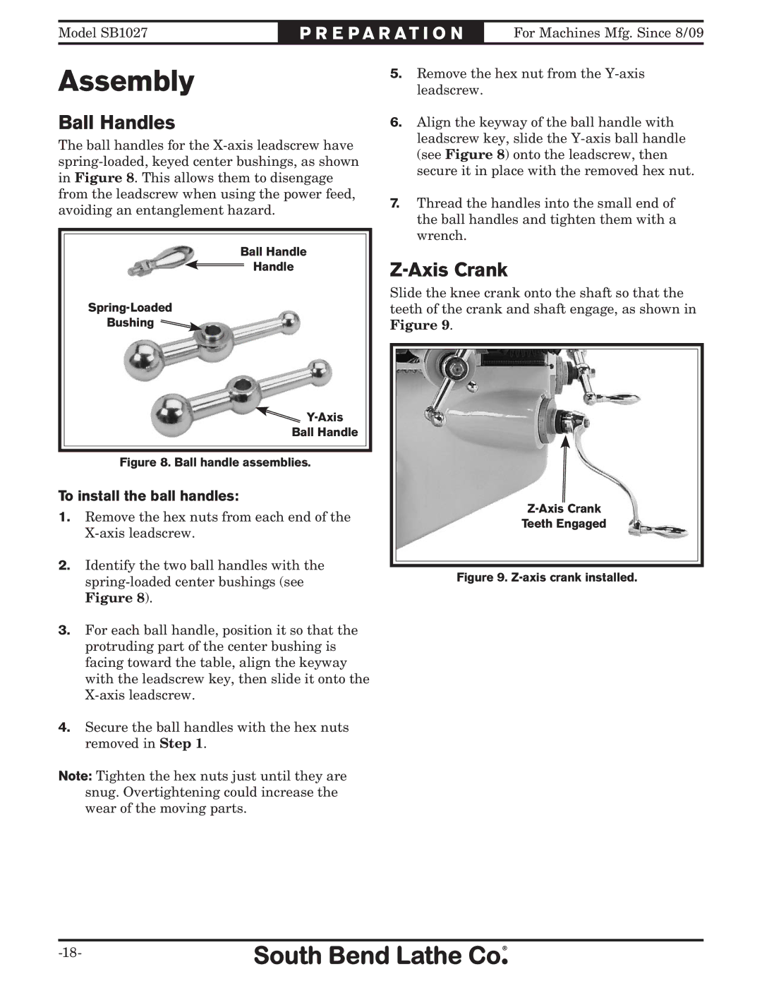 Southbend SB1027 owner manual Assembly, Ball Handles, Axis Crank, To install the ball handles 