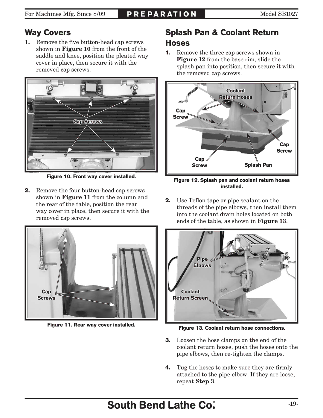 Southbend SB1027 owner manual Way Covers, Splash Pan & Coolant Return Hoses 