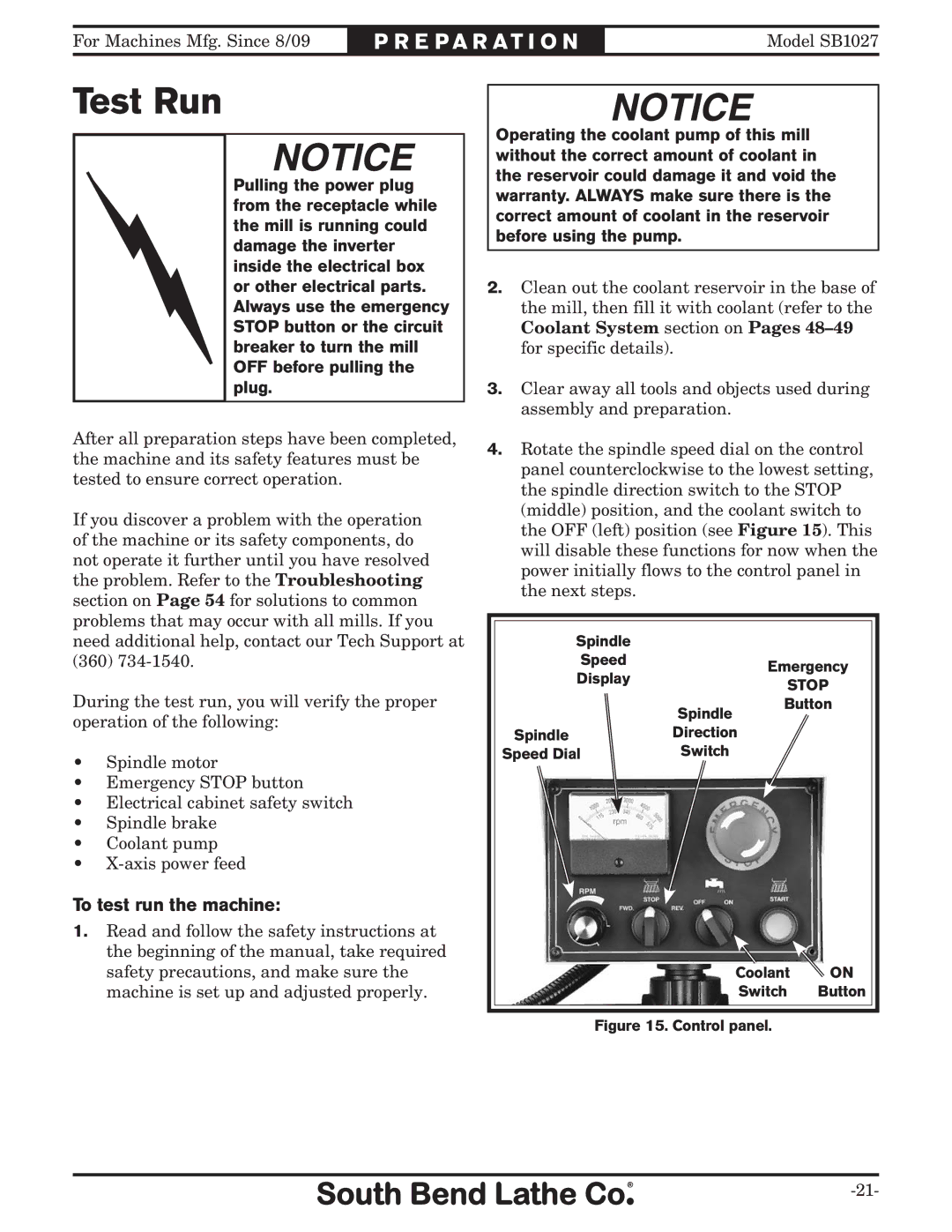 Southbend SB1027 owner manual Test Run, To test run the machine 