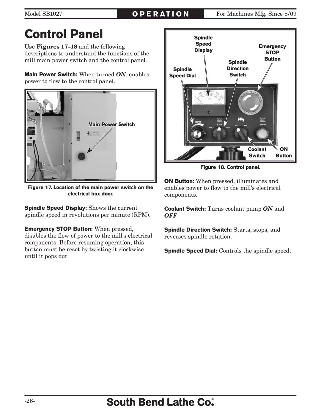 Southbend SB1027 owner manual Control Panel, Location of the main power switch on Electrical box door 