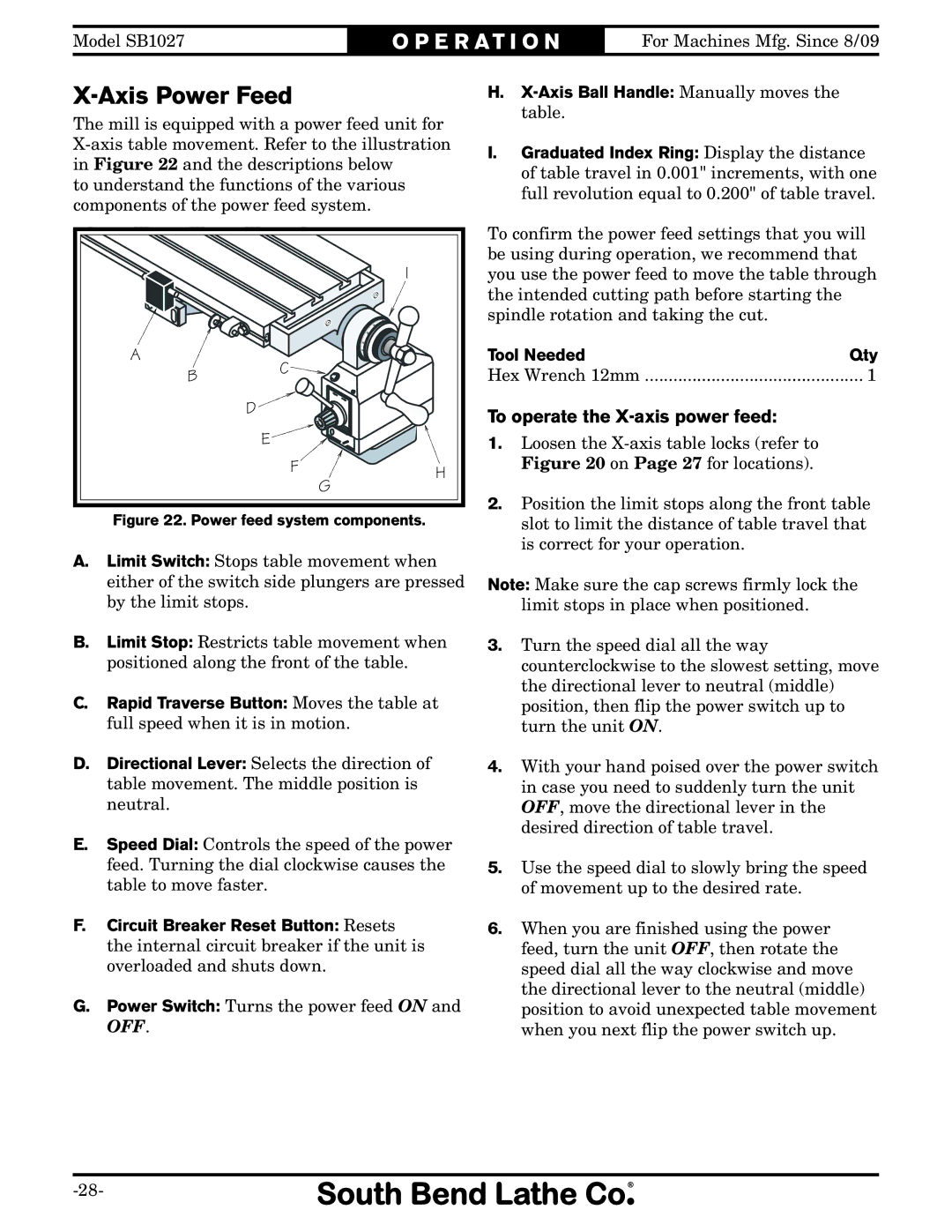 Southbend SB1027 owner manual Axis Power Feed, To operate the X-axis power feed 