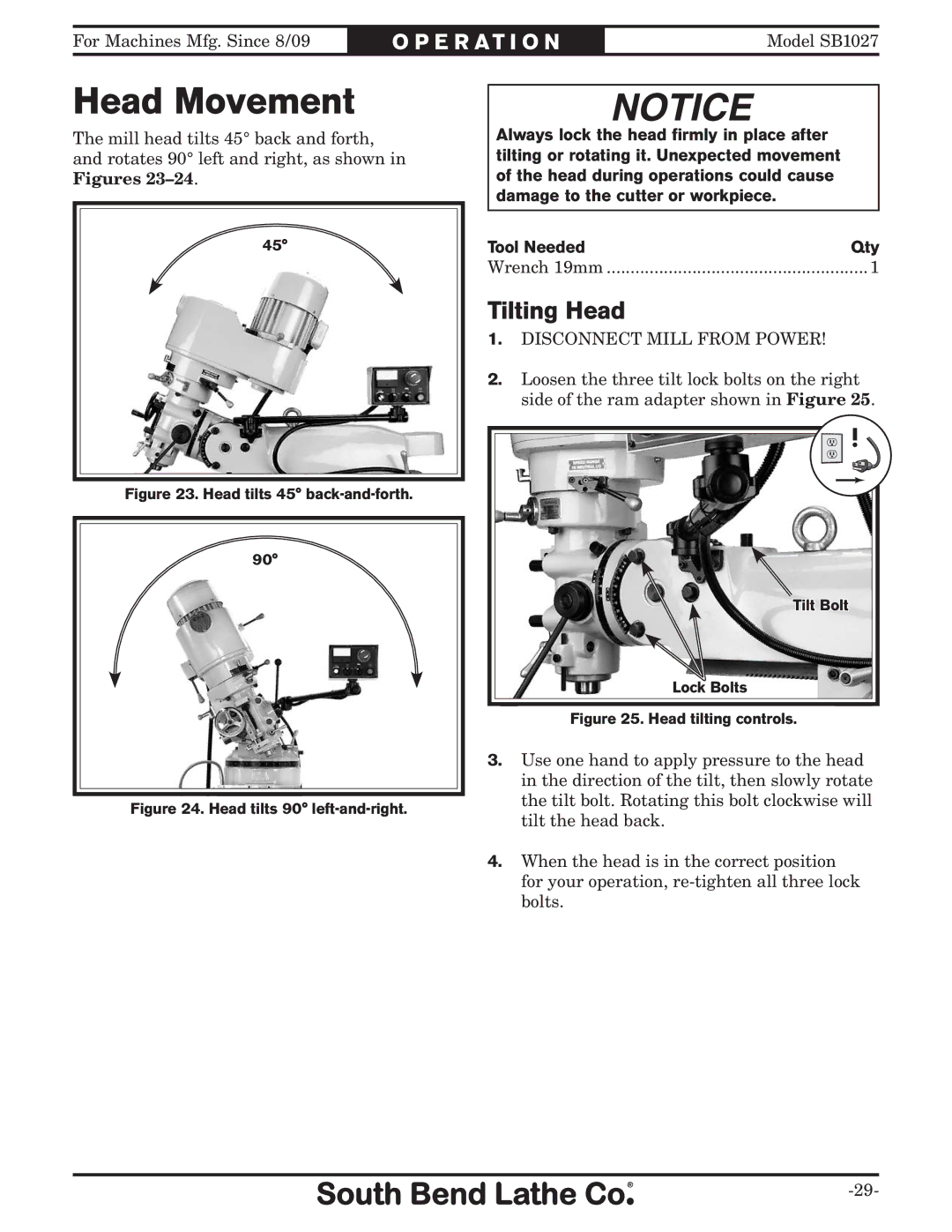 Southbend SB1027 owner manual Head Movement, Tilting Head 