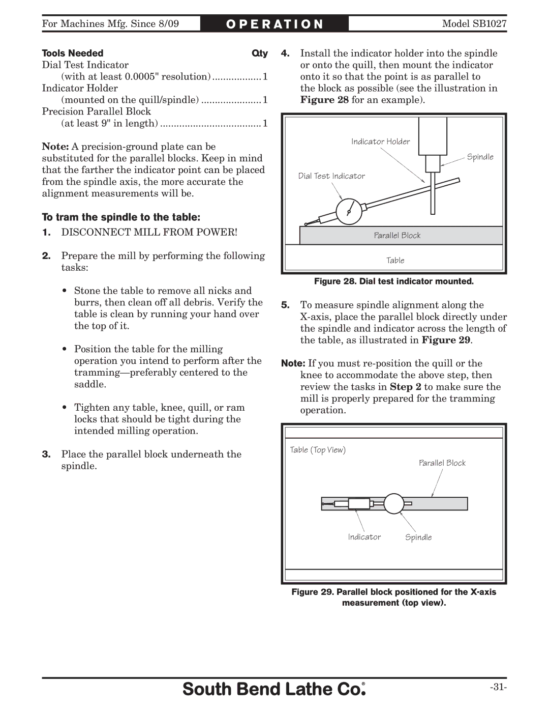 Southbend SB1027 owner manual To tram the spindle to the table, Tools Needed Qty 