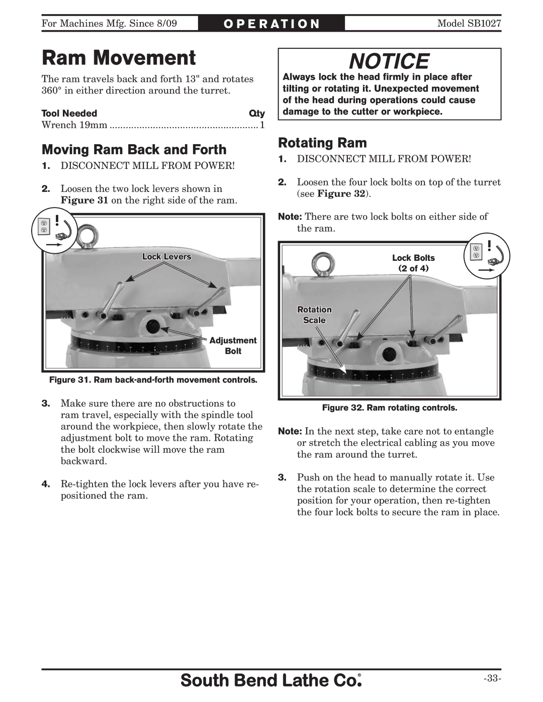 Southbend SB1027 owner manual Ram Movement, Moving Ram Back and Forth, Rotating Ram 