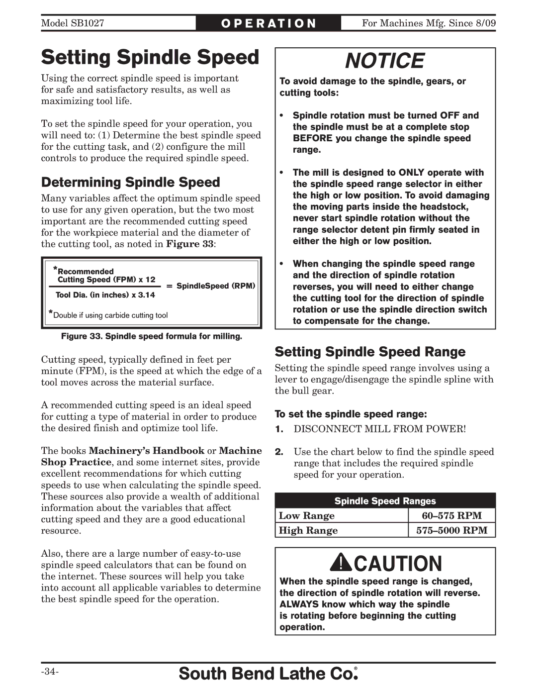 Southbend SB1027 owner manual Determining Spindle Speed, Setting Spindle Speed Range, To set the spindle speed range 