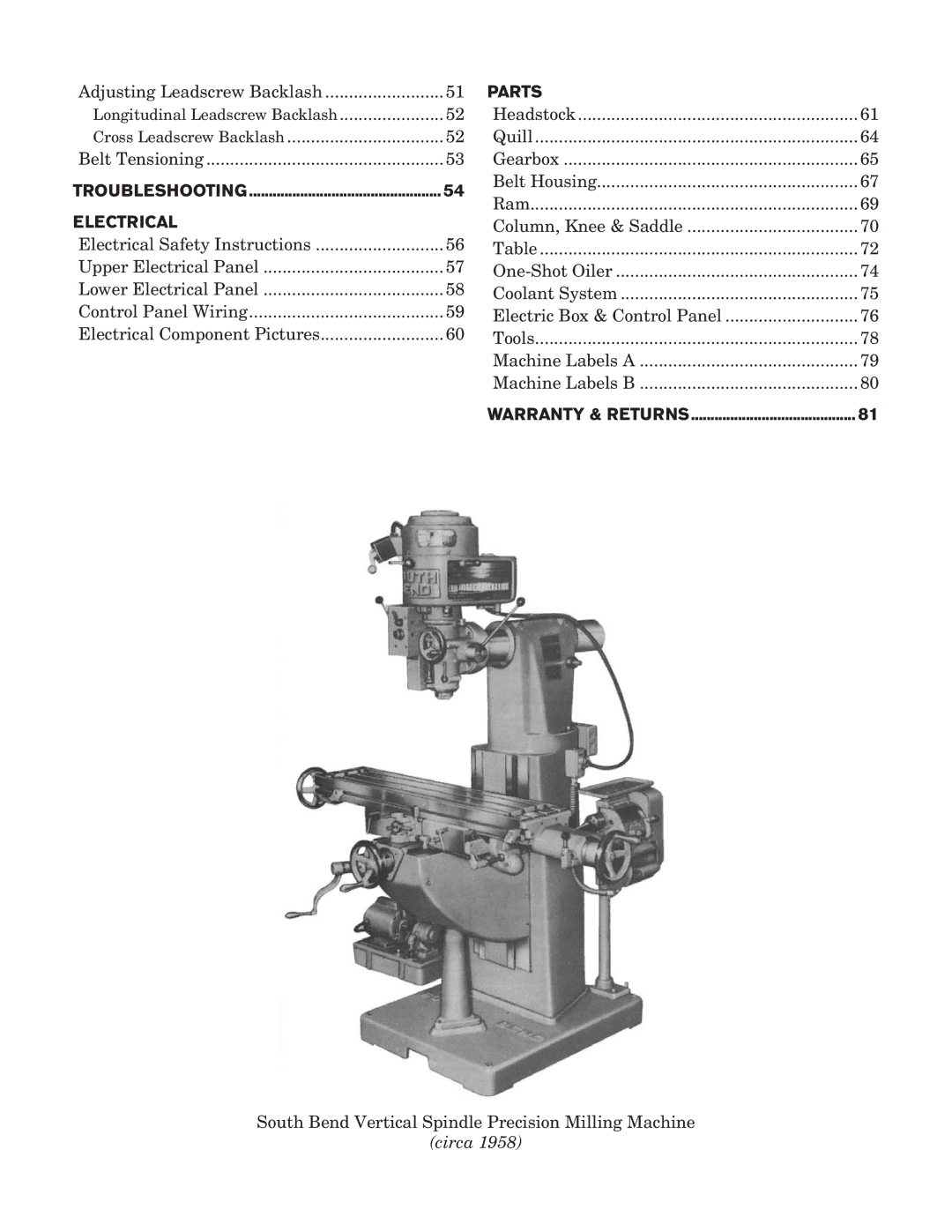 Southbend SB1027 owner manual Parts 