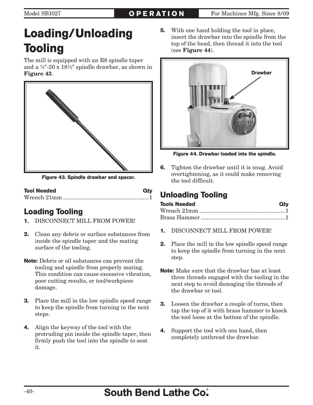 Southbend SB1027 owner manual Loading/Unloading Tooling, Loading Tooling 