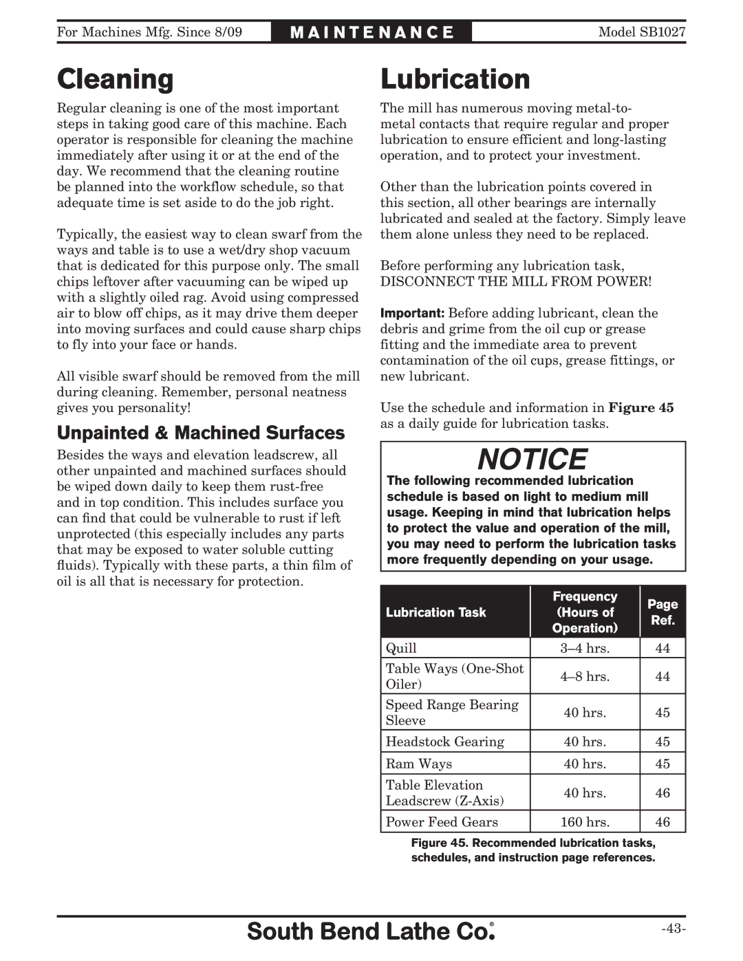 Southbend SB1027 owner manual Cleaning, Lubrication, Unpainted & Machined Surfaces 