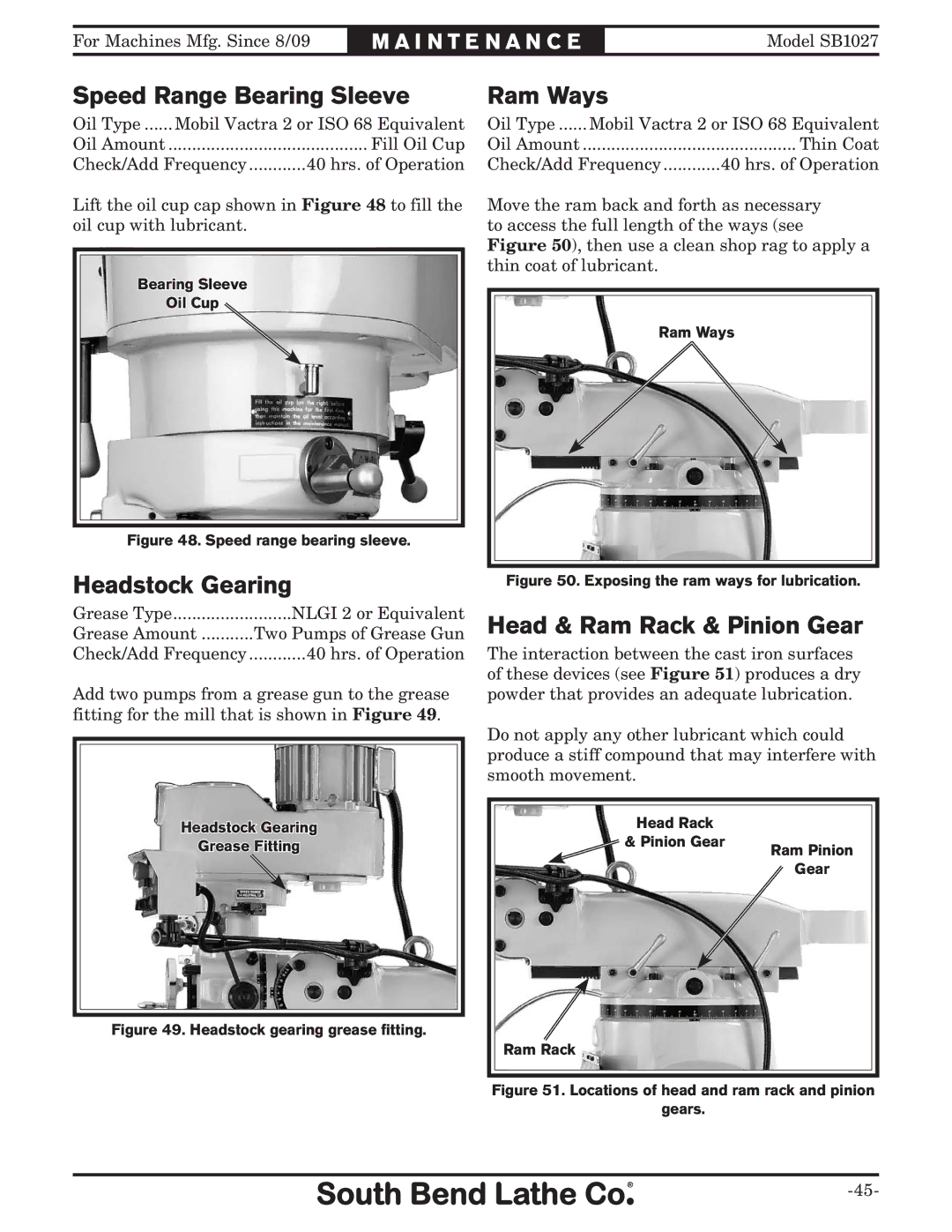 Southbend SB1027 owner manual Speed Range Bearing Sleeve Ram Ways, Headstock Gearing, Head & Ram Rack & Pinion Gear 