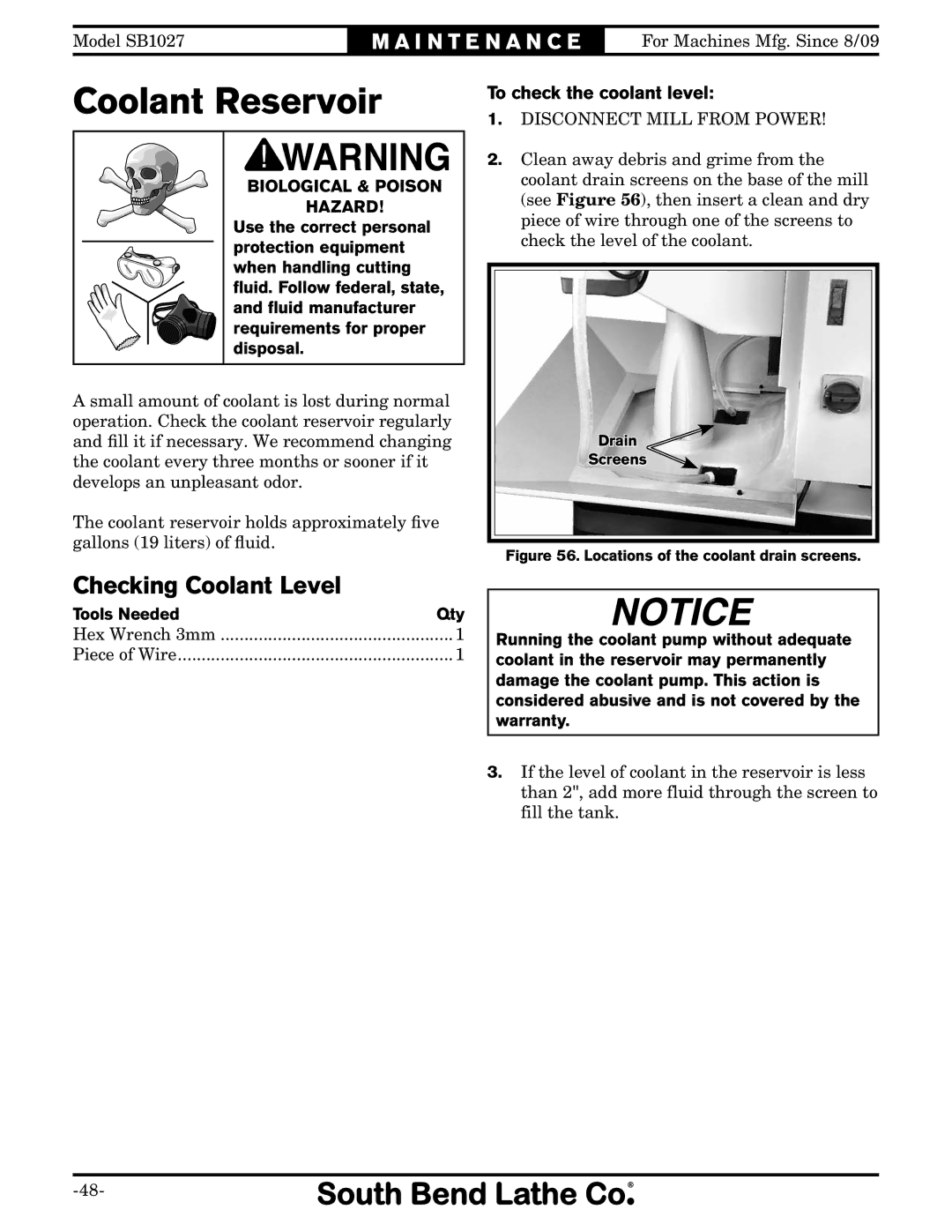 Southbend SB1027 owner manual Coolant Reservoir, Checking Coolant Level, To check the coolant level 