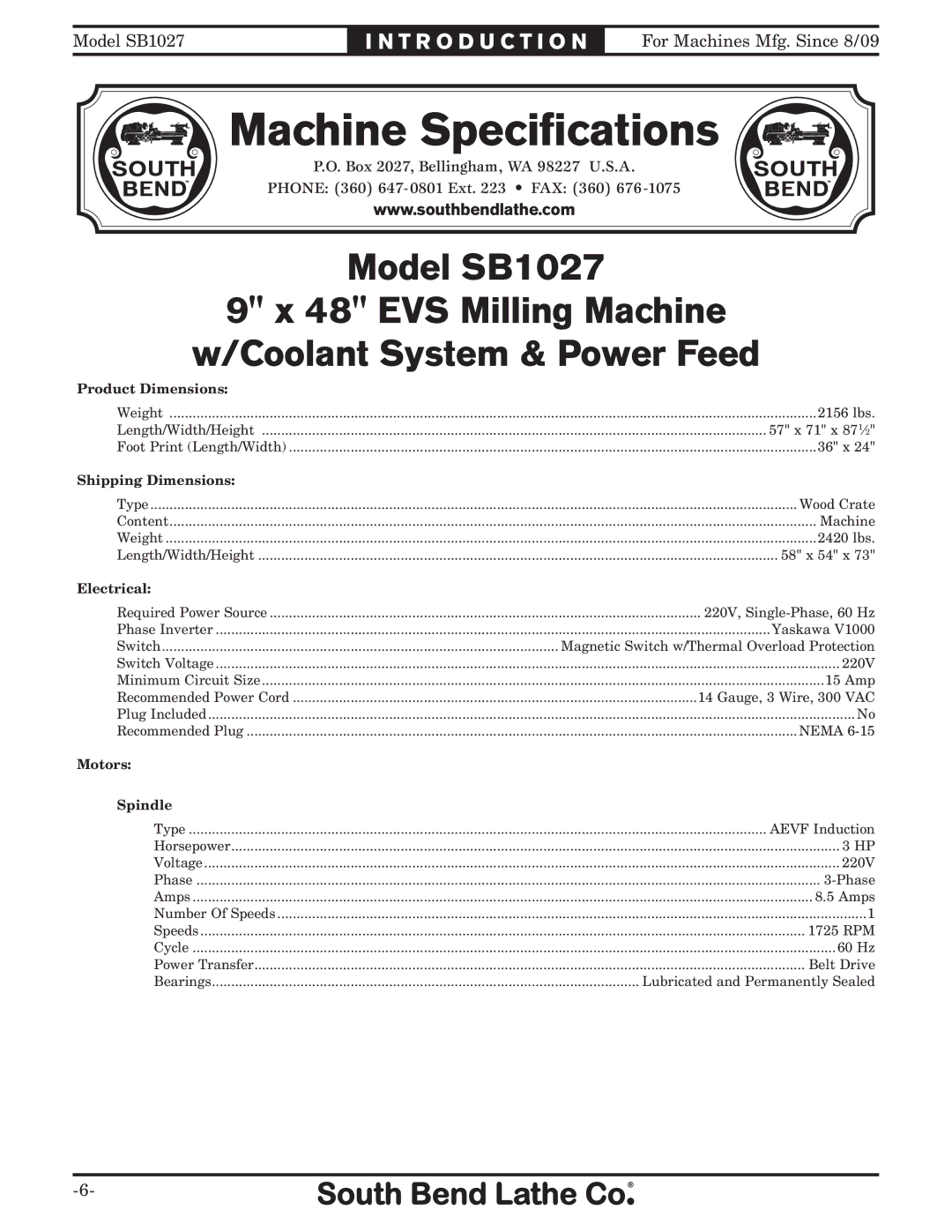 Southbend SB1027 owner manual Machine Specifications 