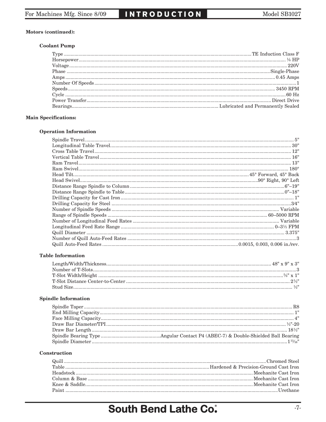 Southbend SB1027 owner manual Motors Coolant Pump 