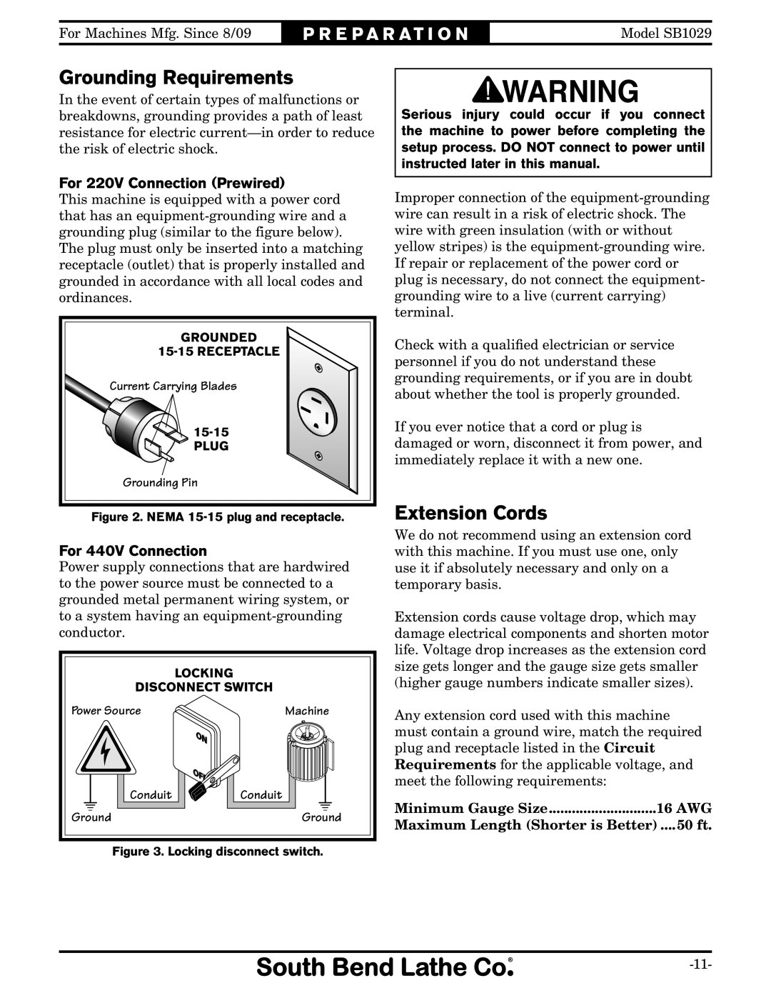 Southbend SB1029 owner manual Grounding Requirements, Extension Cords, For 220V Connection Prewired, For 440V Connection 