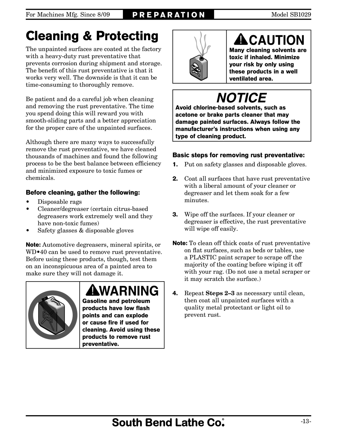 Southbend SB1029 Cleaning & Protecting, Before cleaning, gather the following, Basic steps for removing rust preventative 