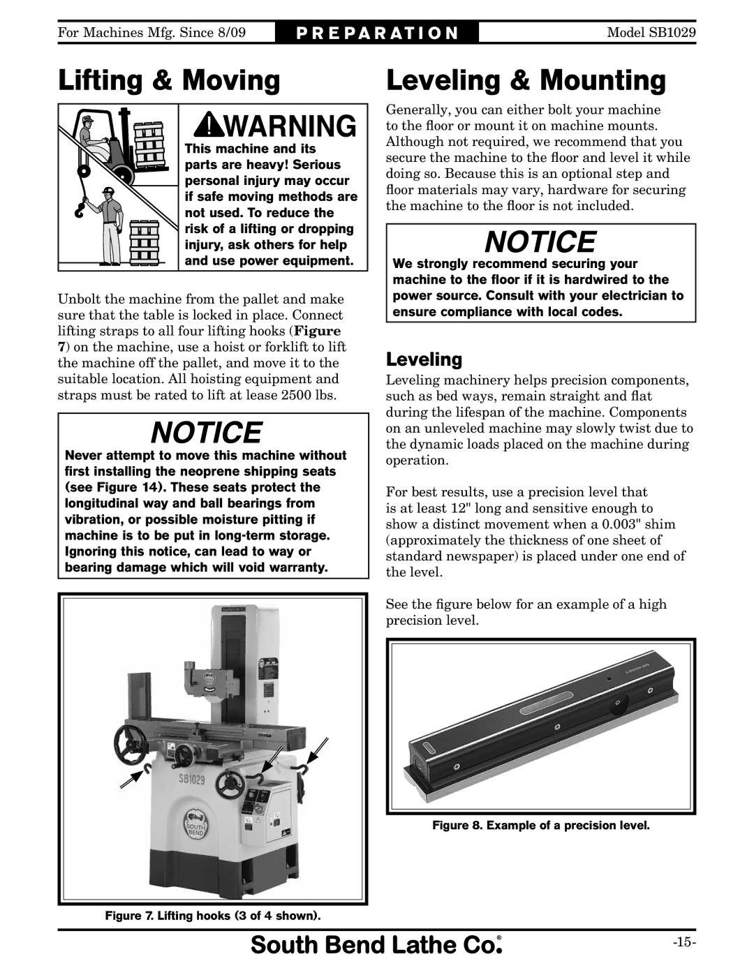 Southbend SB1029 owner manual Lifting & Moving, Leveling & Mounting 