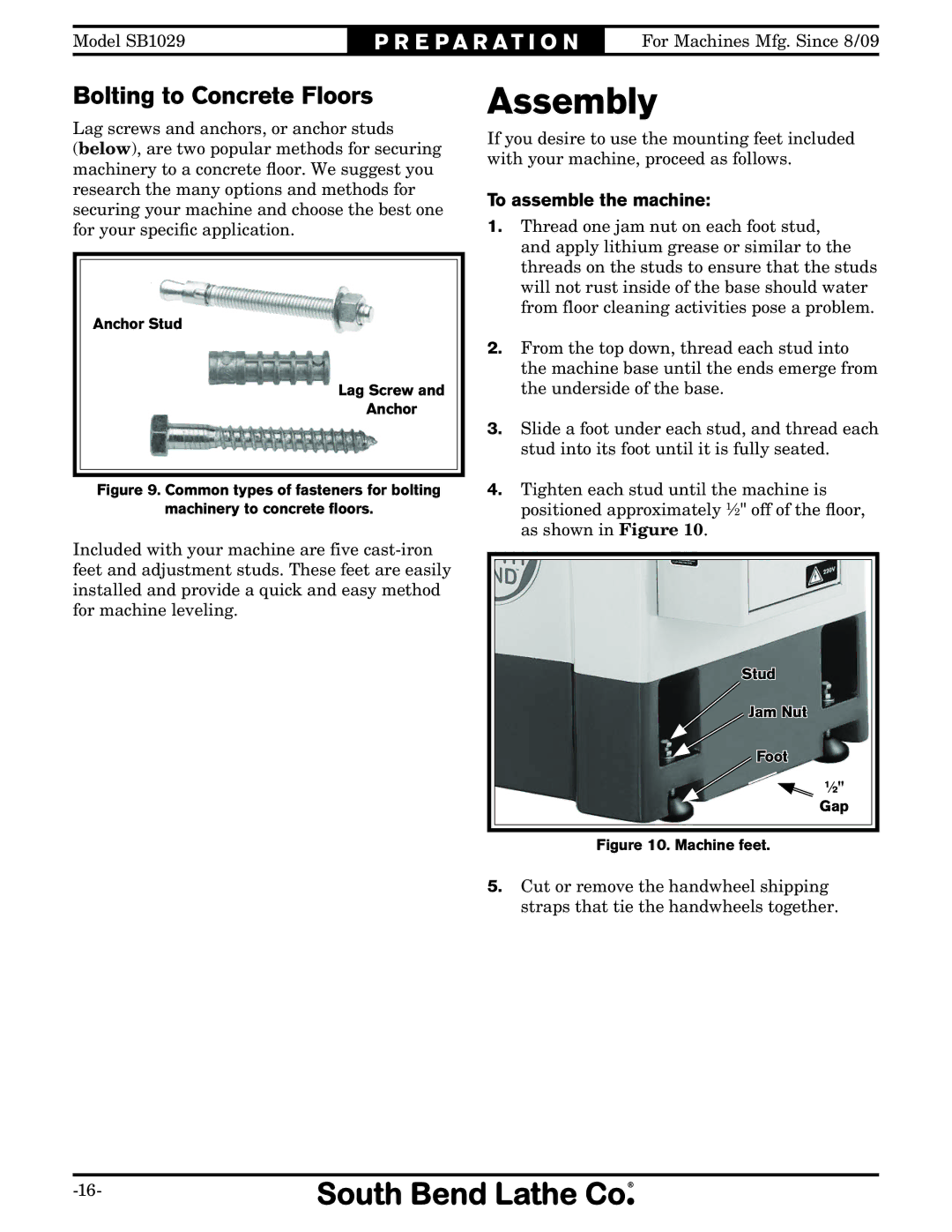 Southbend SB1029 owner manual Assembly, Bolting to Concrete Floors, To assemble the machine 